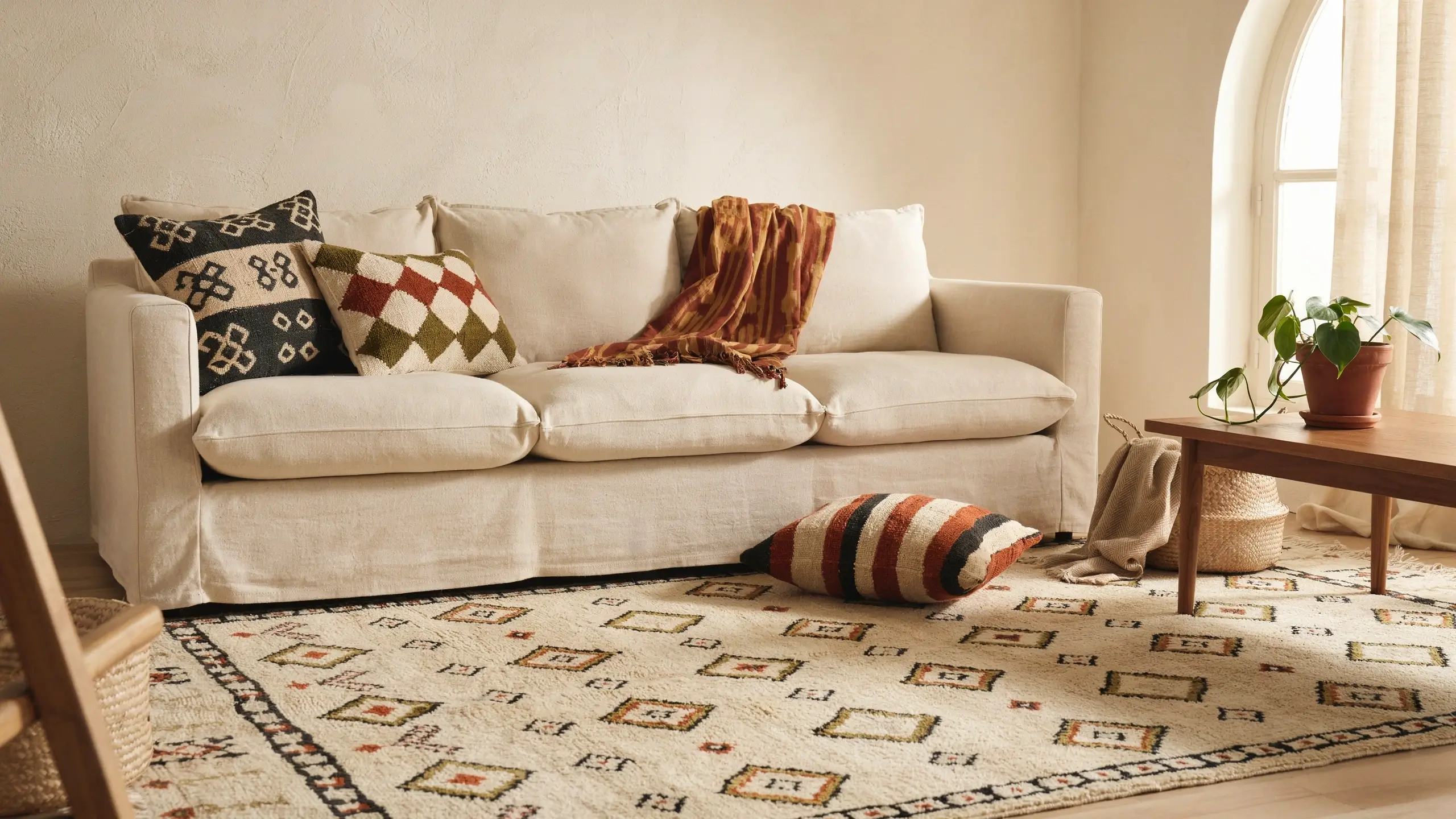 Boho living room with mixed geometric pillows, a striped throw, and a patterned rug around a cream sofa.