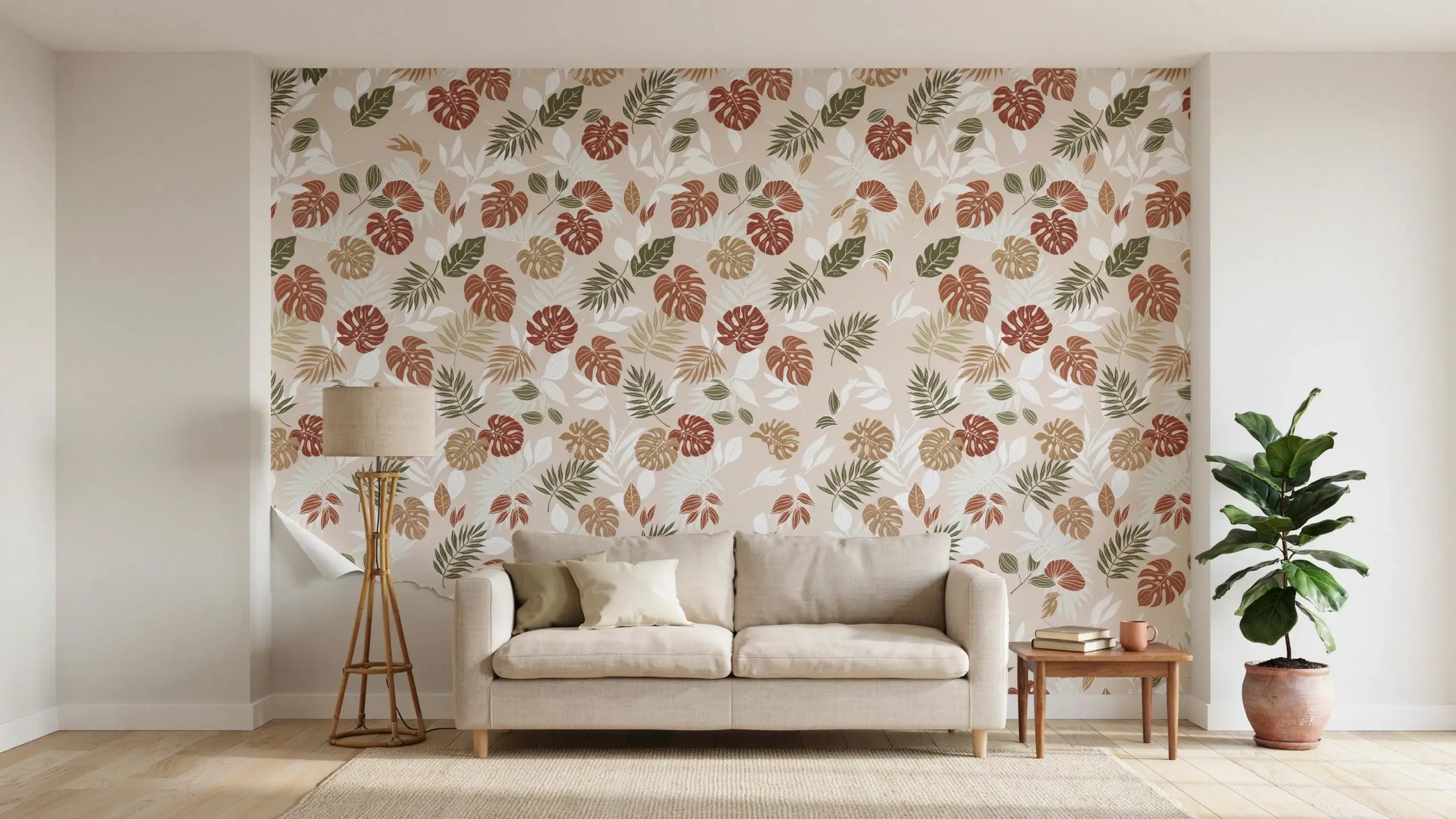 Bright boho living room with a potted fiddle leaf fig, botanical wallpaper, neutral sofa, and wood accents.