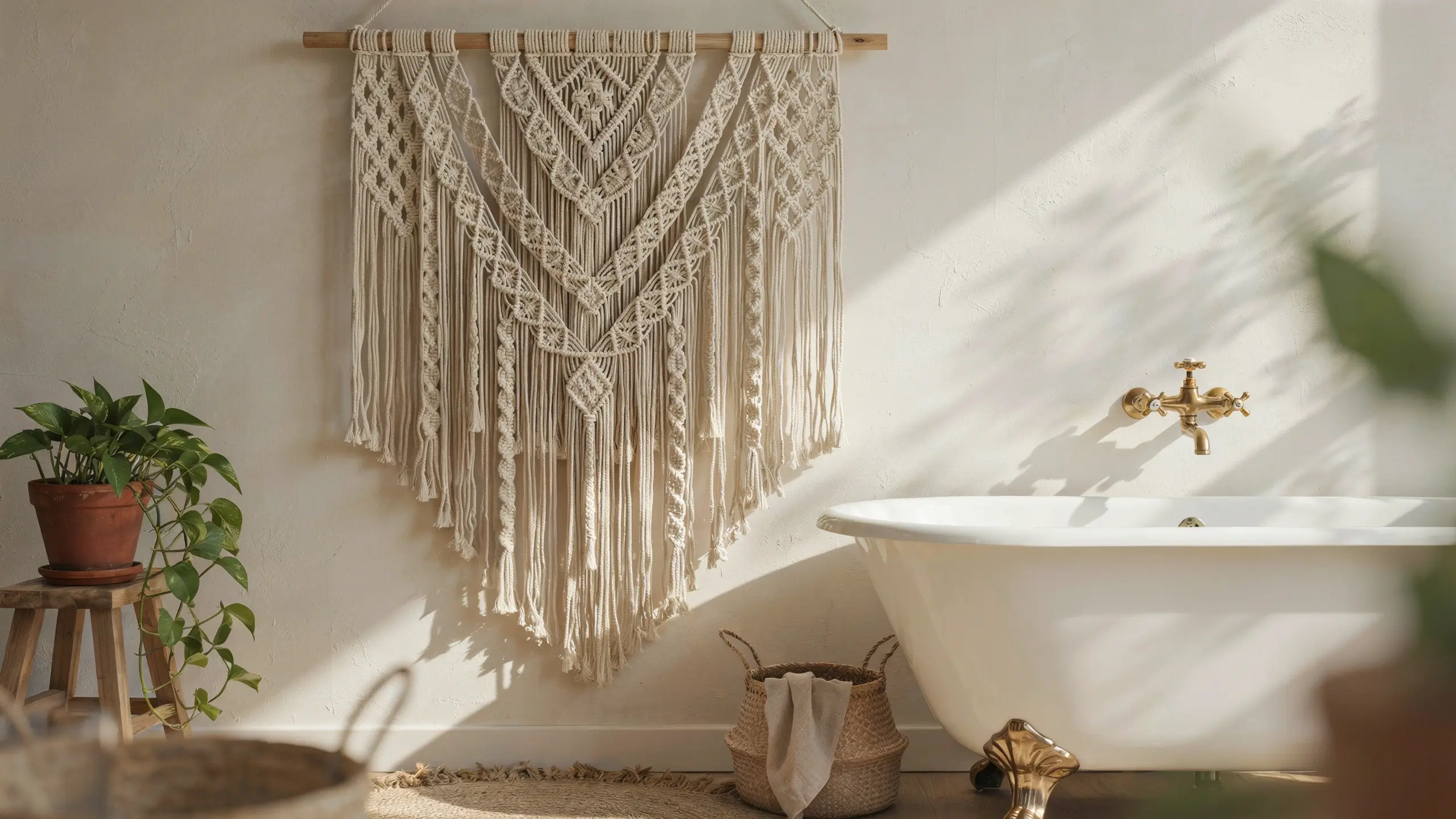 Large cream woven macrame wall hanging with diamond knot patterns above a white clawfoot bathtub in a sunlit bohemian bathroom