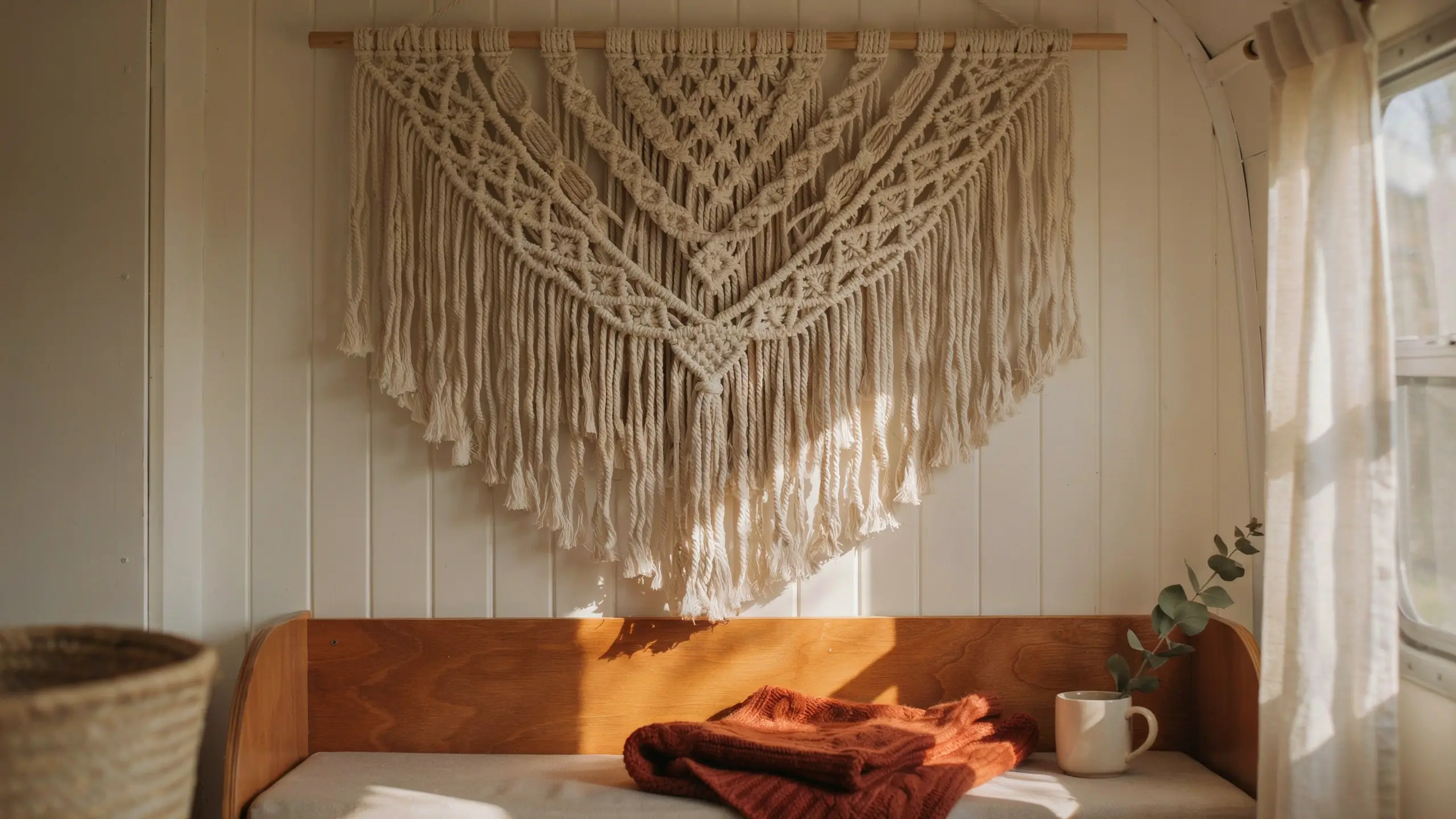 Large cream boho macrame wall hanging with geometric chevron pattern mounted on a wooden dowel above a wooden bed in a cozy white-paneled camper interior. 