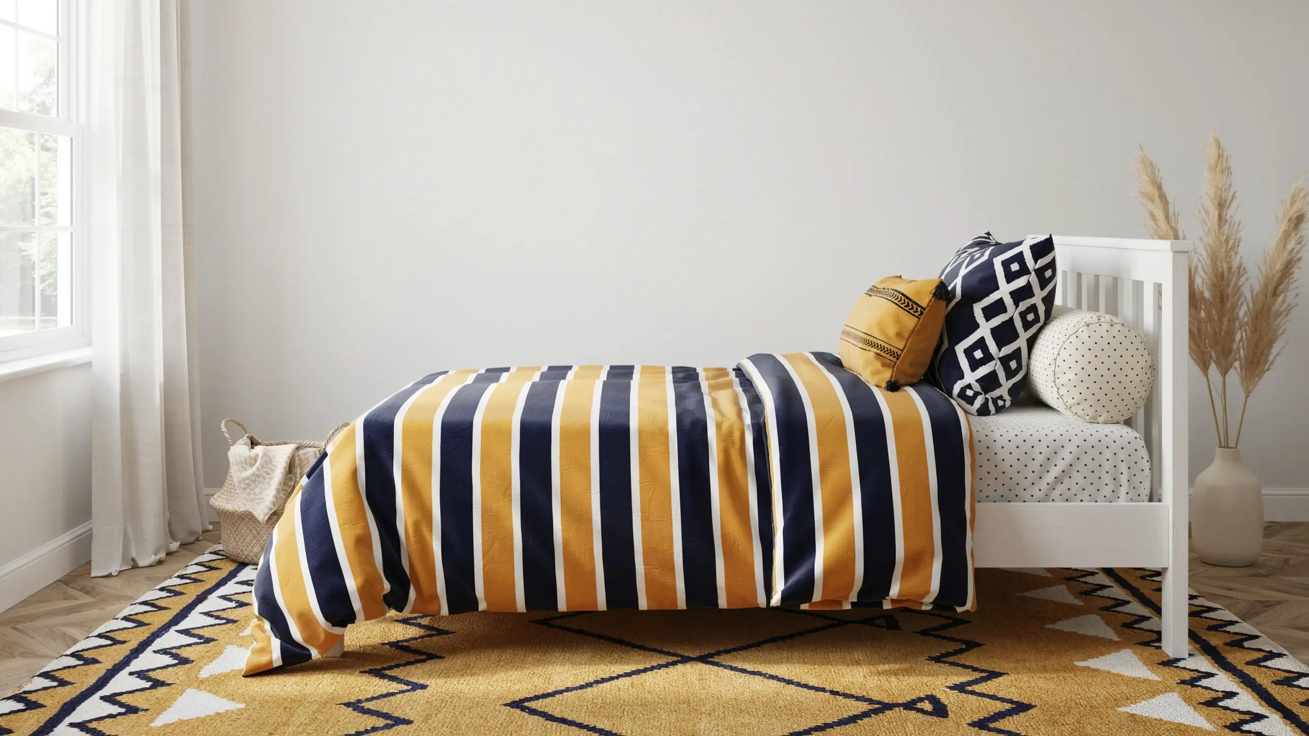 Modern white toddler bed with bold navy and mustard yellow striped duvet and geometric throw pillows in a bright kids' room.