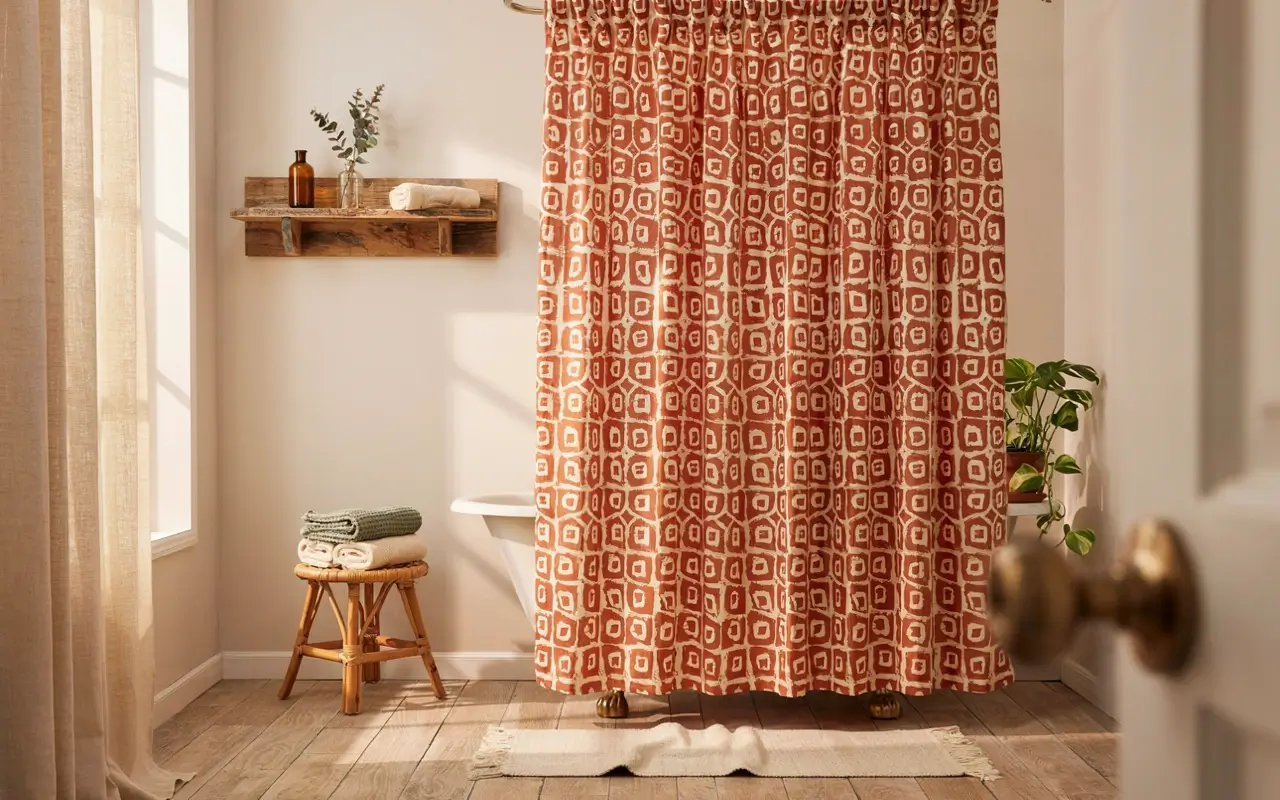 Bold rust patterned shower curtain adds color and style to a small renter-friendly bathroom.