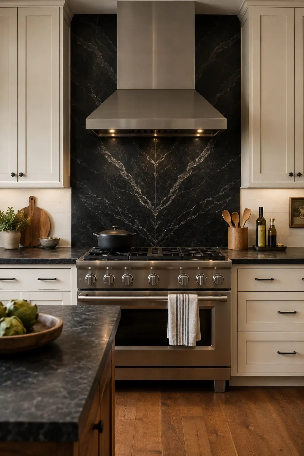 Book-matched black granite backsplash behind a stainless range in a cream kitchen.