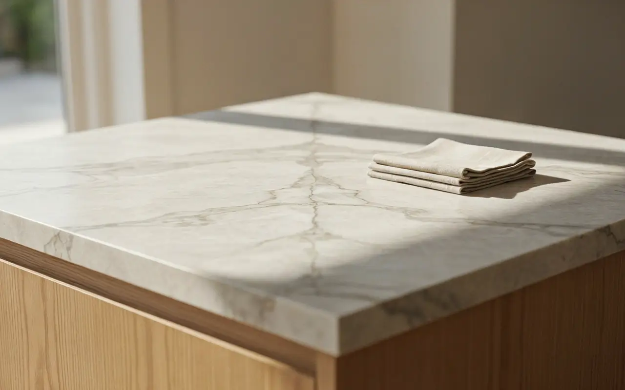 Marble kitchen island corner with matched veining and a waterfall edge over warm wood cabinets.