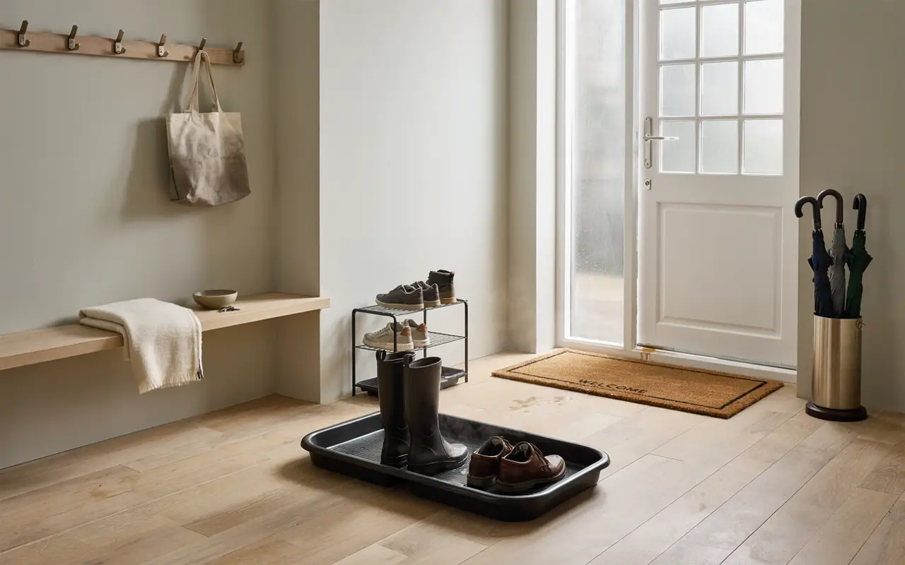 Boot tray with rain boots, shoes, hooks, bench, and umbrella stand in a minimalist entryway.