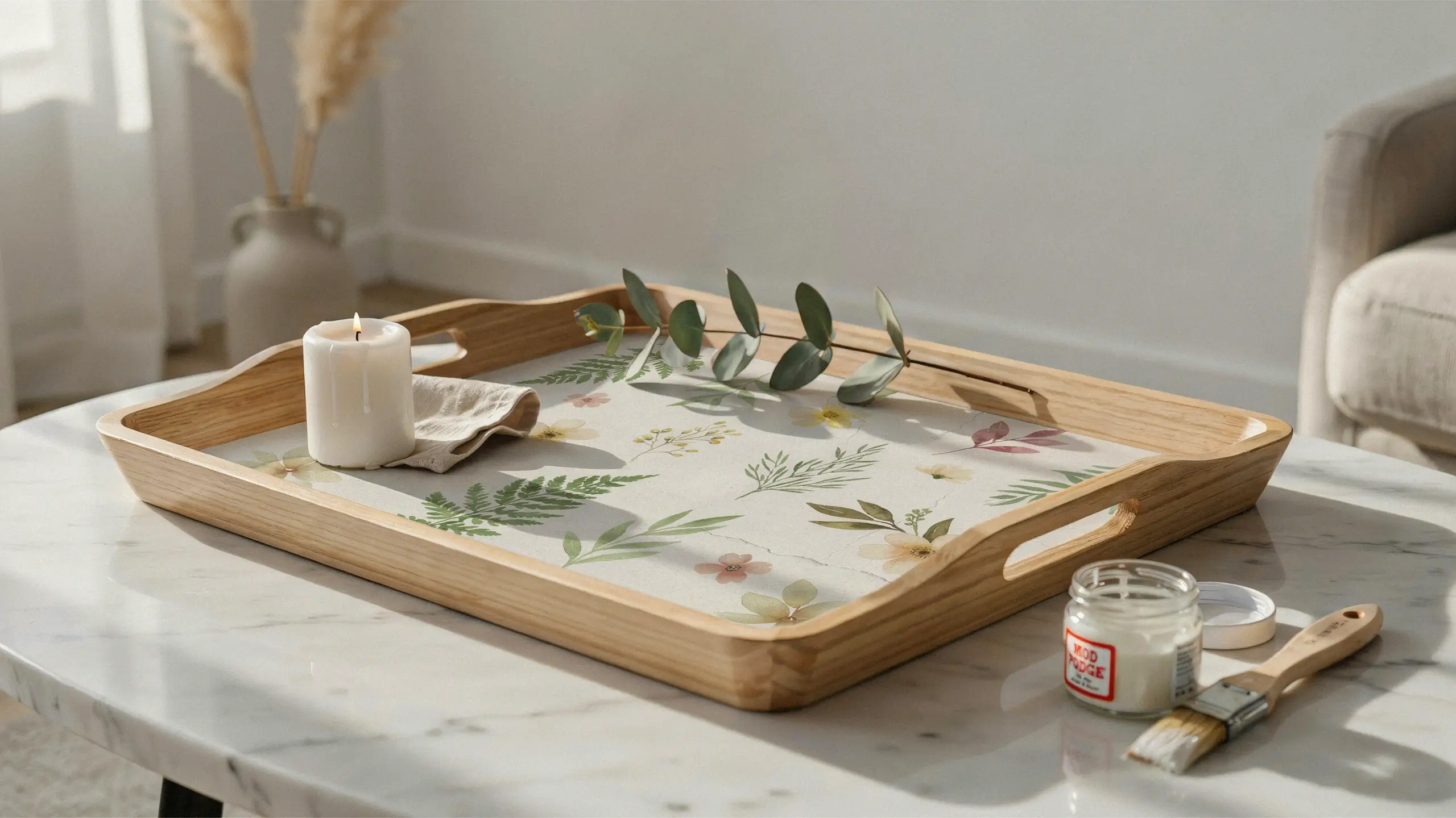 Light wood serving tray with botanical fern decoupage, Mod Podge jar, brush, and a lit candle on a marble table.