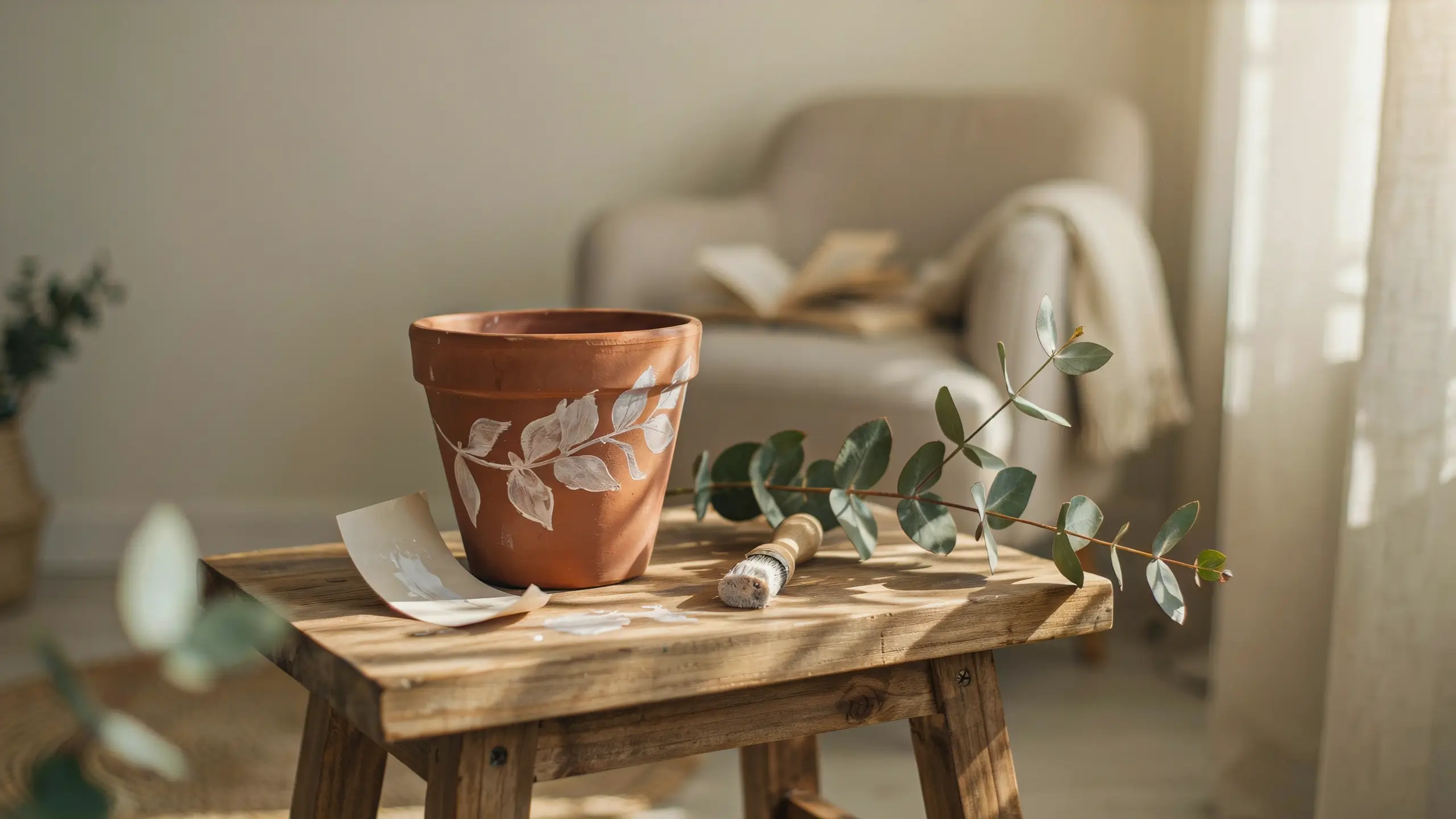A natural sunlight scene of a raw terracotta pot being personalized with a white botanical leaf stencil and a paintbrush on a rustic wooden stool, surrounded by fresh eucalyptus stems during a DIY home crafting project. 