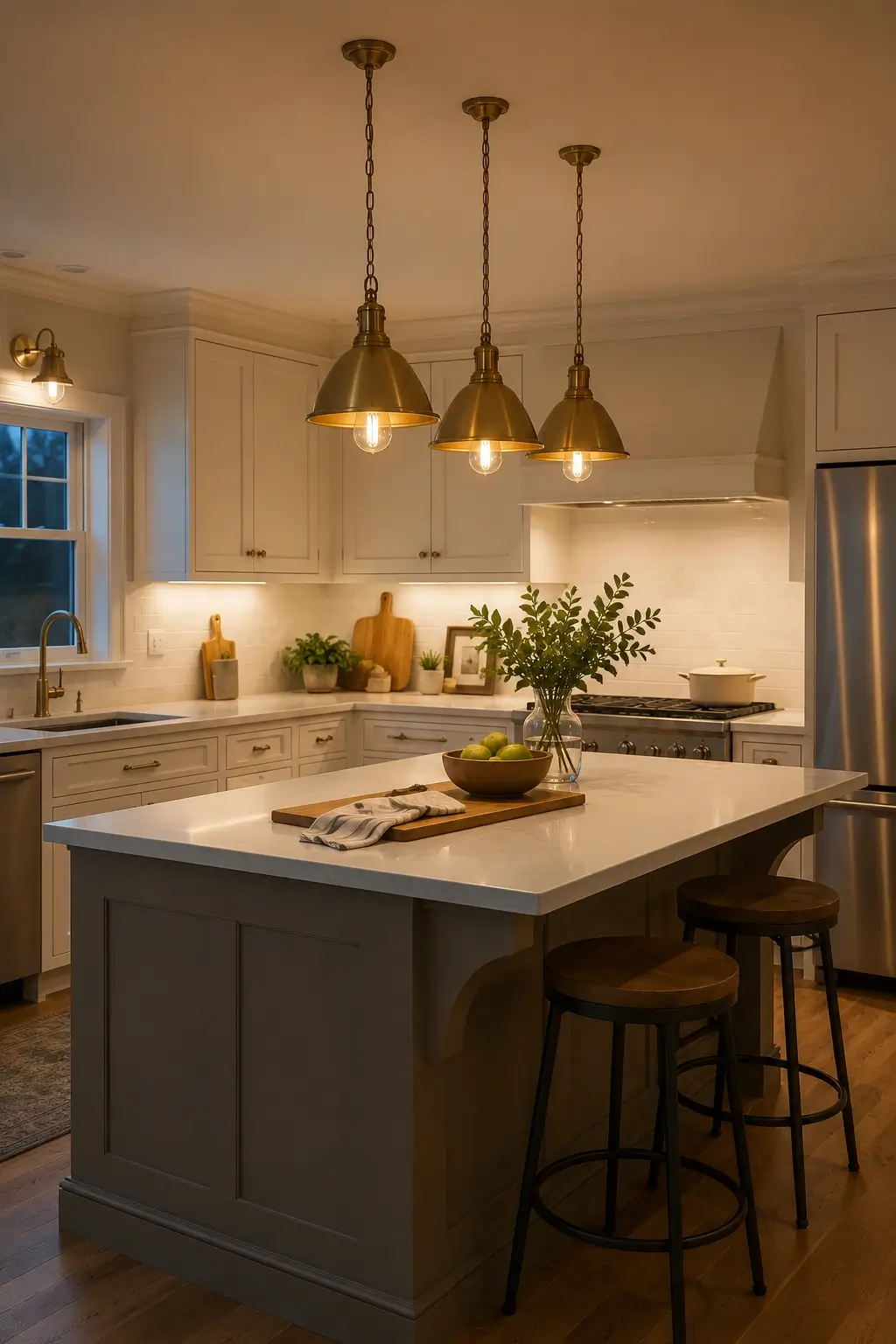 Brass pendant lights in a single row over a kitchen island with warm farmhouse lighting.