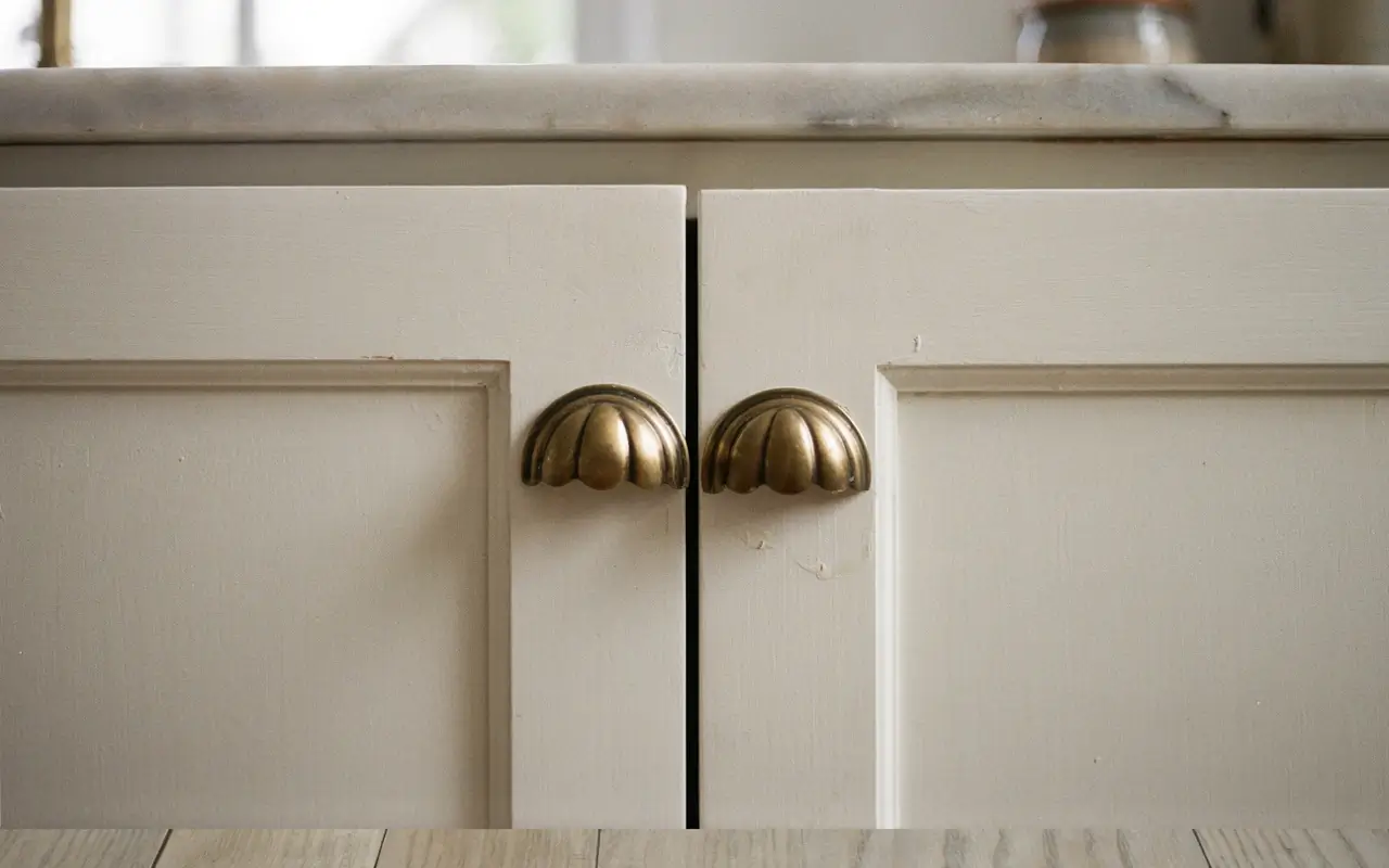 Brass scalloped pulls on cream kitchen cabinet doors below a marble countertop.