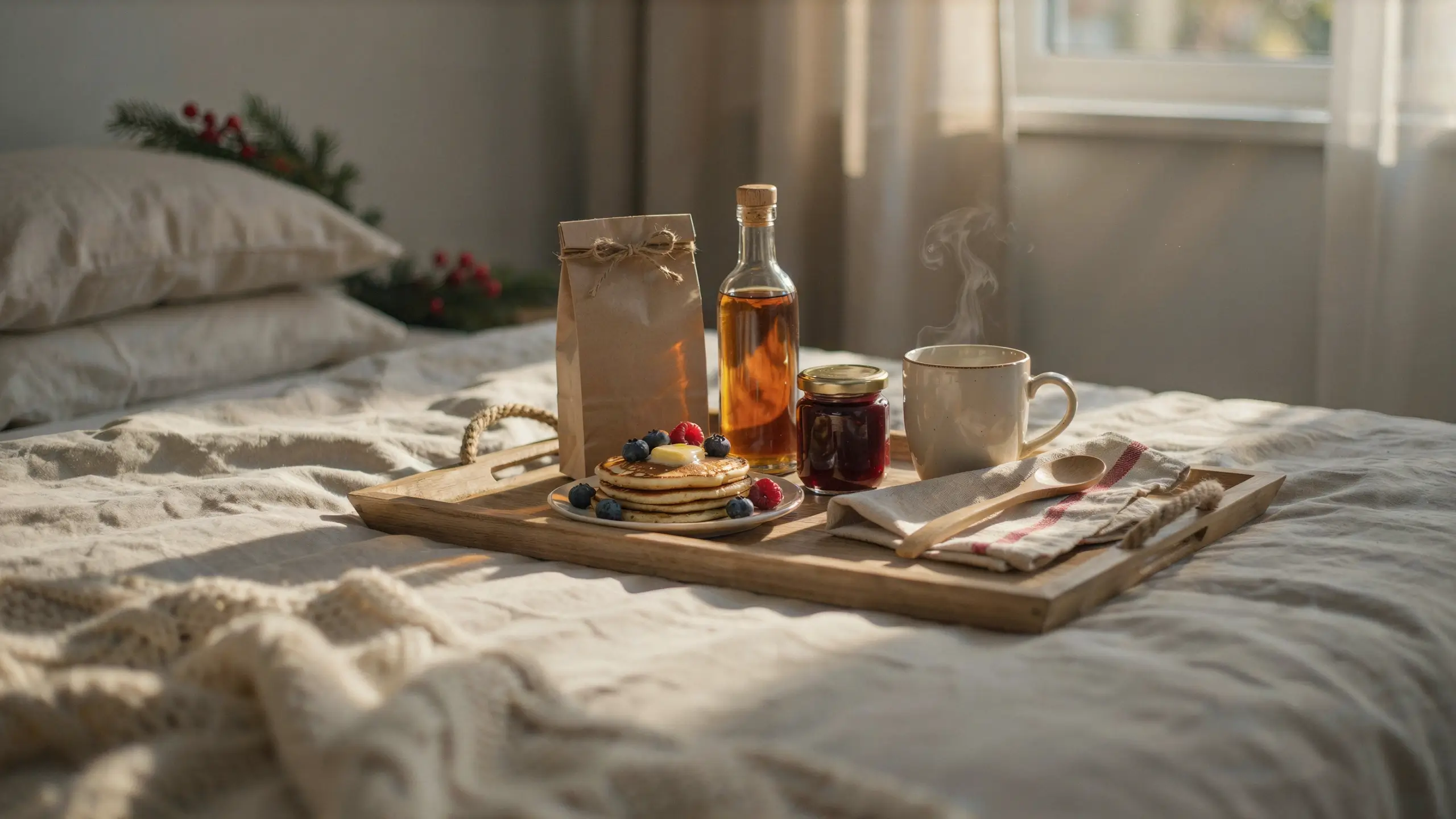 Breakfast in bed basket with pancakes, berries, coffee, maple syrup, and jam on a wooden tray.