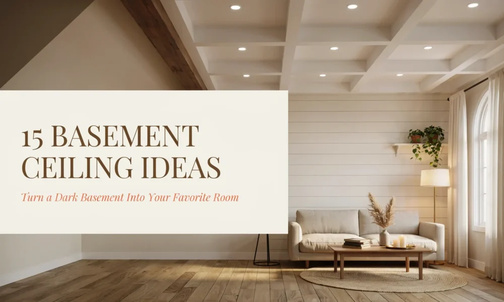 Bright white coffered ceiling in a renovated basement living room with shiplap walls, beige sofa, and wooden coffee table