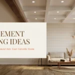 Bright white coffered ceiling in a renovated basement living room with shiplap walls, beige sofa, and wooden coffee table