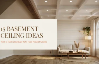 Bright white coffered ceiling in a renovated basement living room with shiplap walls, beige sofa, and wooden coffee table