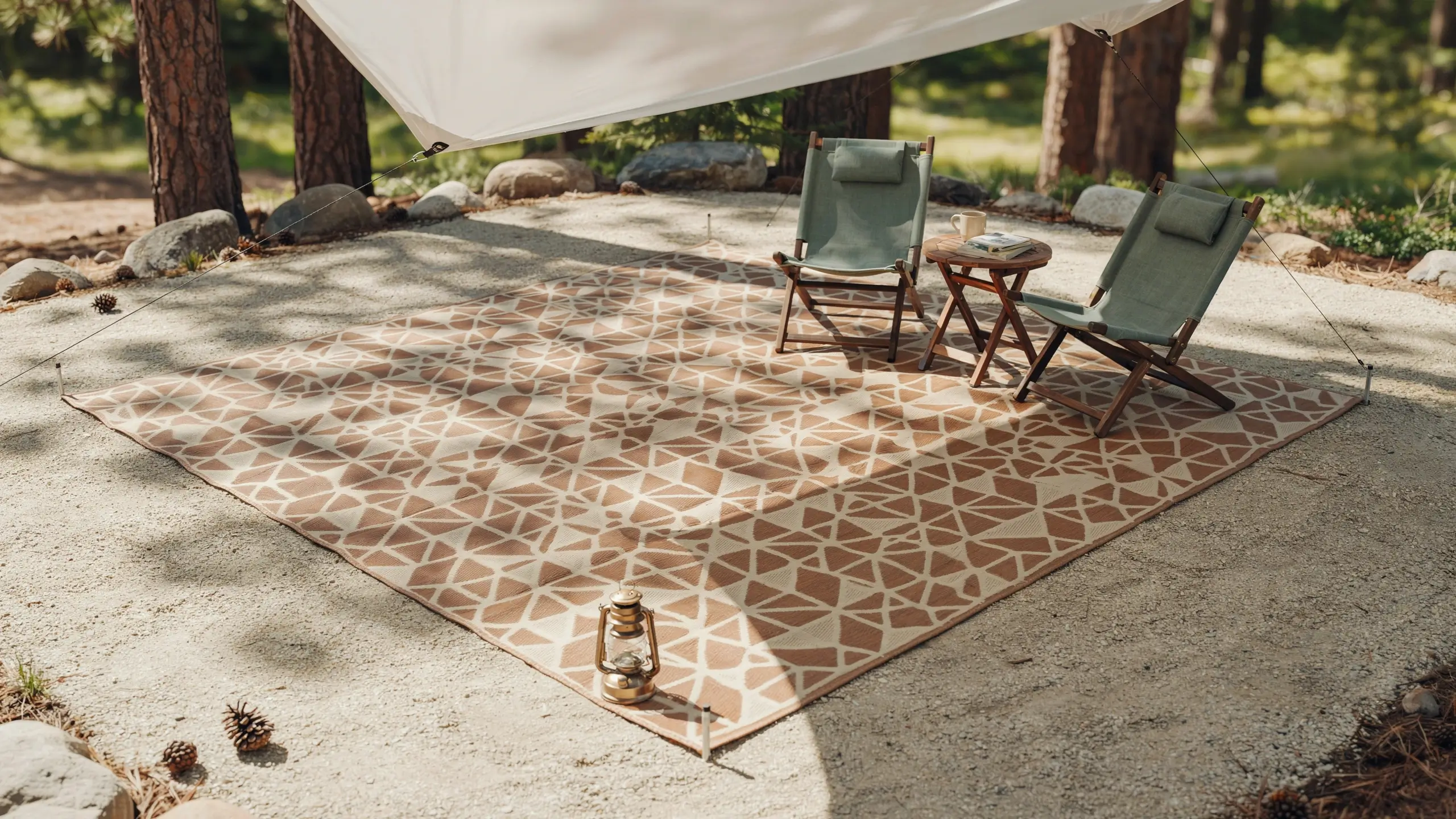 A durable brown and cream geometric patio mat defines a cozy campsite seating area, featuring green folding chairs, a wooden side table, and a brass lantern nestled in a sunny pine forest. 