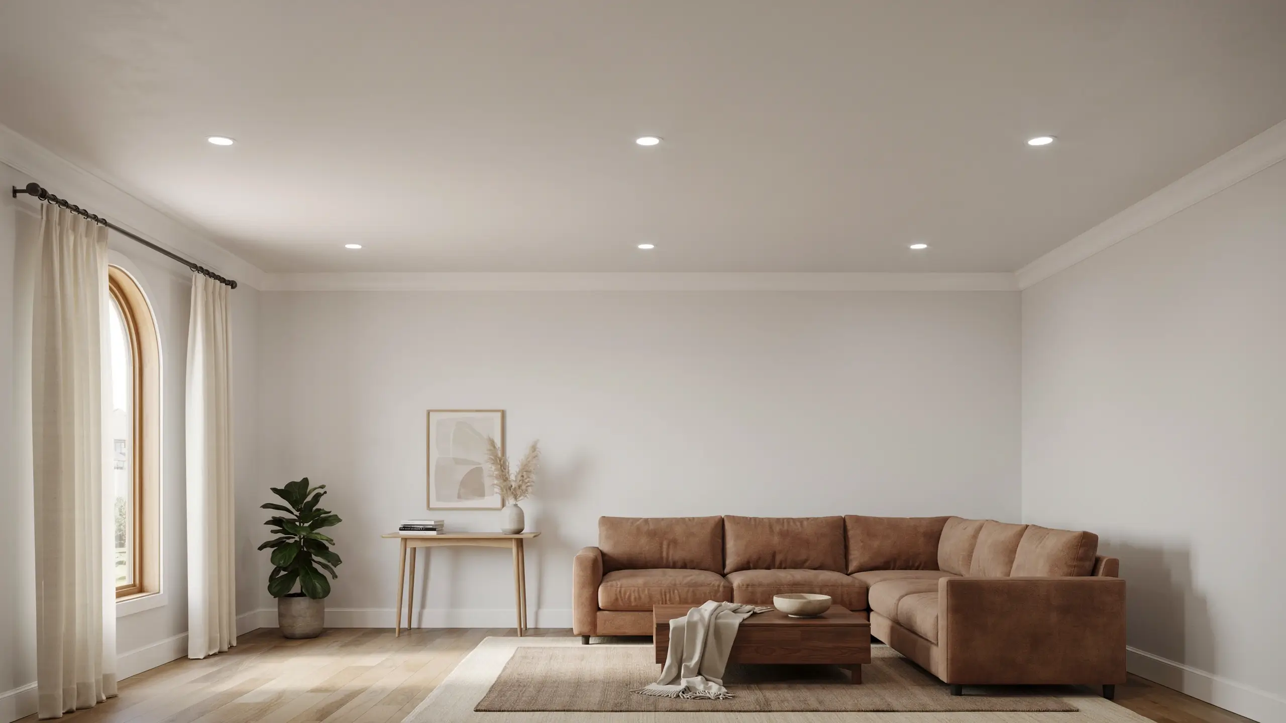 Minimalist living room featuring a brown leather L-shaped sofa and wooden coffee table, set against seamless, smooth finished drywall walls and an arched window.
