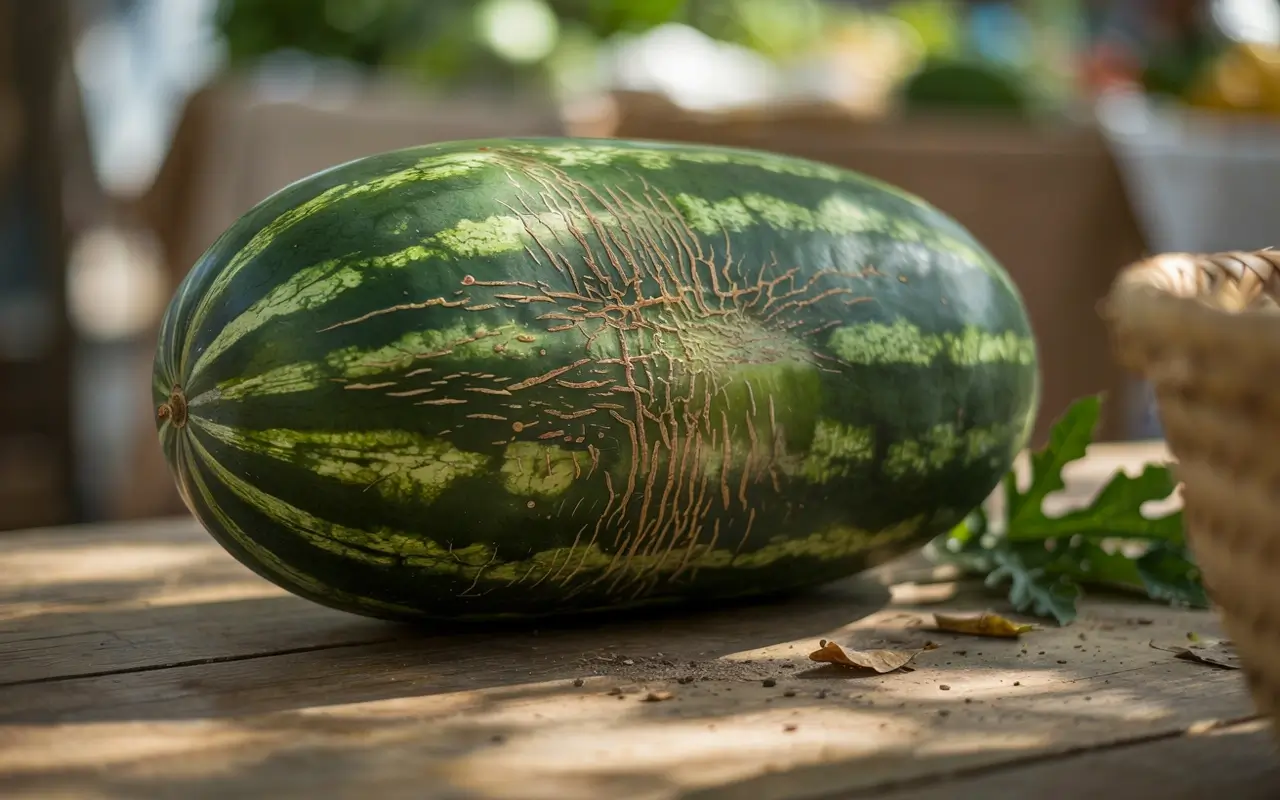Watermelon with brown webbing sugar spots on the rind, showing a sign of sweetness and ripeness.