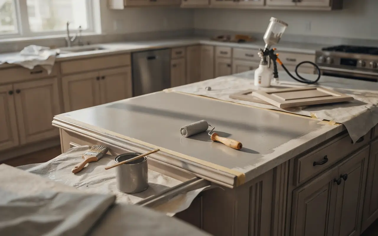 Paint roller and sprayer on a taped kitchen island during a cabinet painting project.