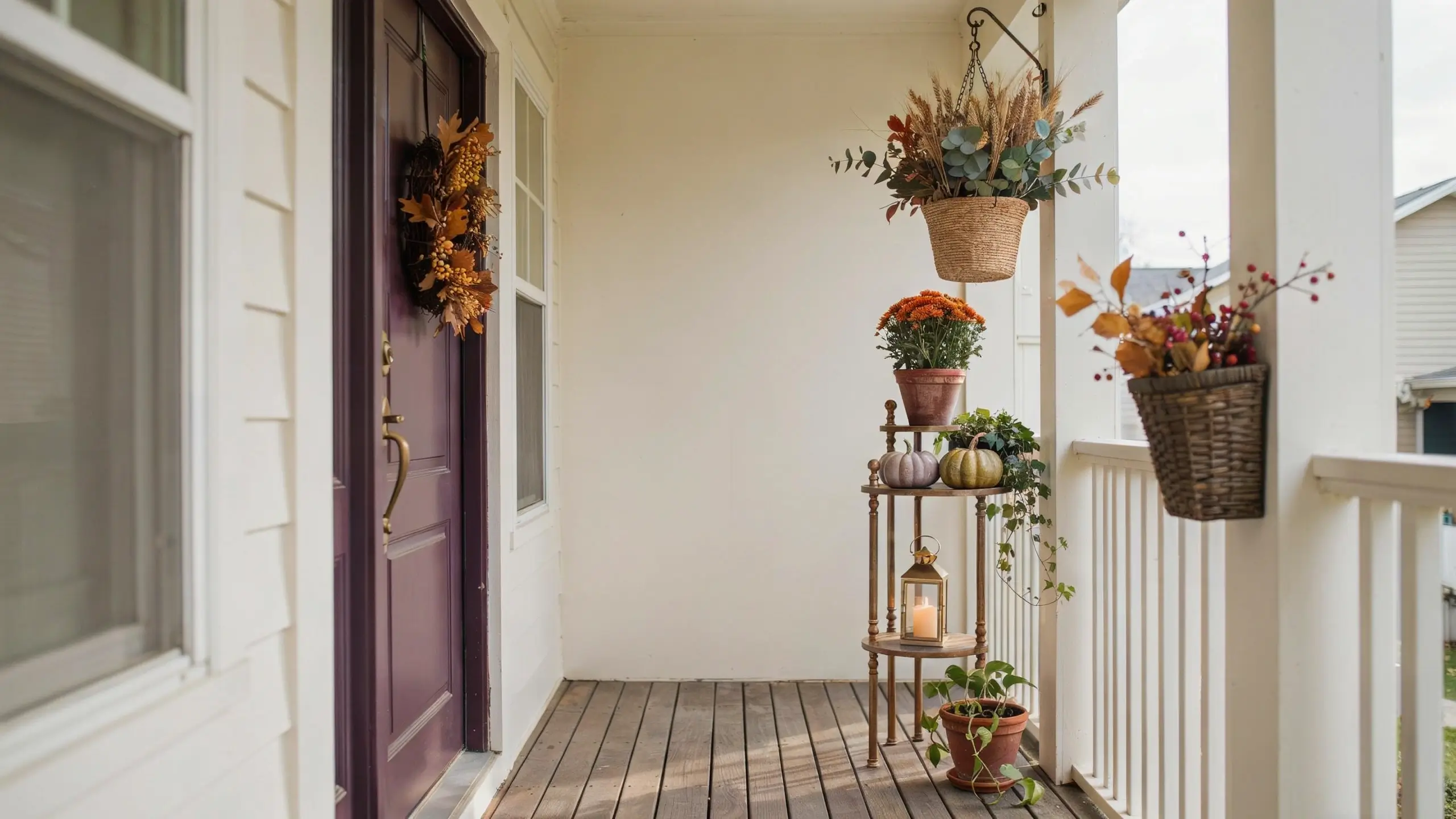 Alt Text: Fall porch decorated with a wreath, hanging baskets, pumpkins, orange mums and a lantern.