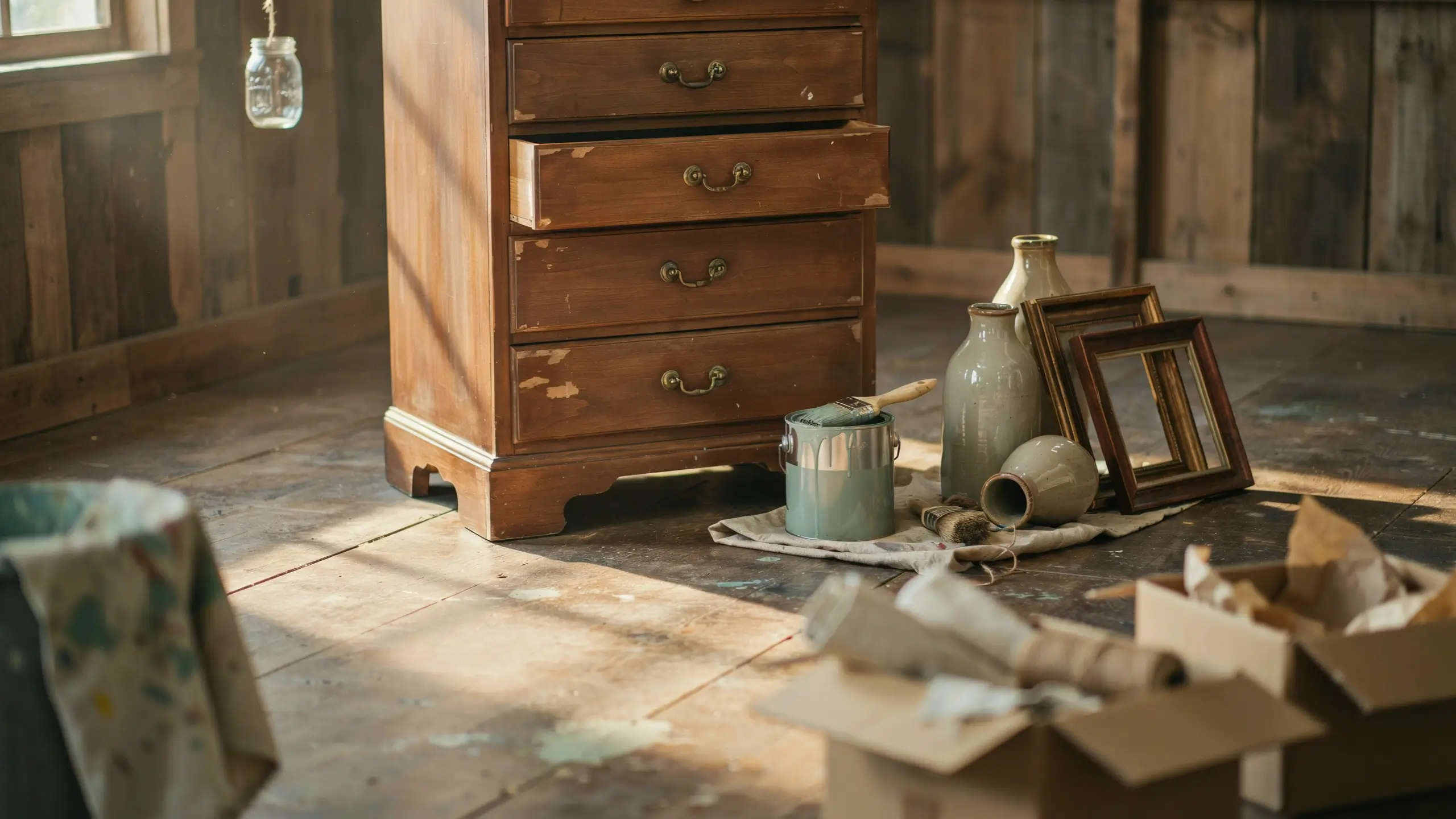Distressed vintage wooden dresser with sage green paint can, thrifted ceramic vases, and empty picture frames for a budget-friendly upcycled home decor DIY project