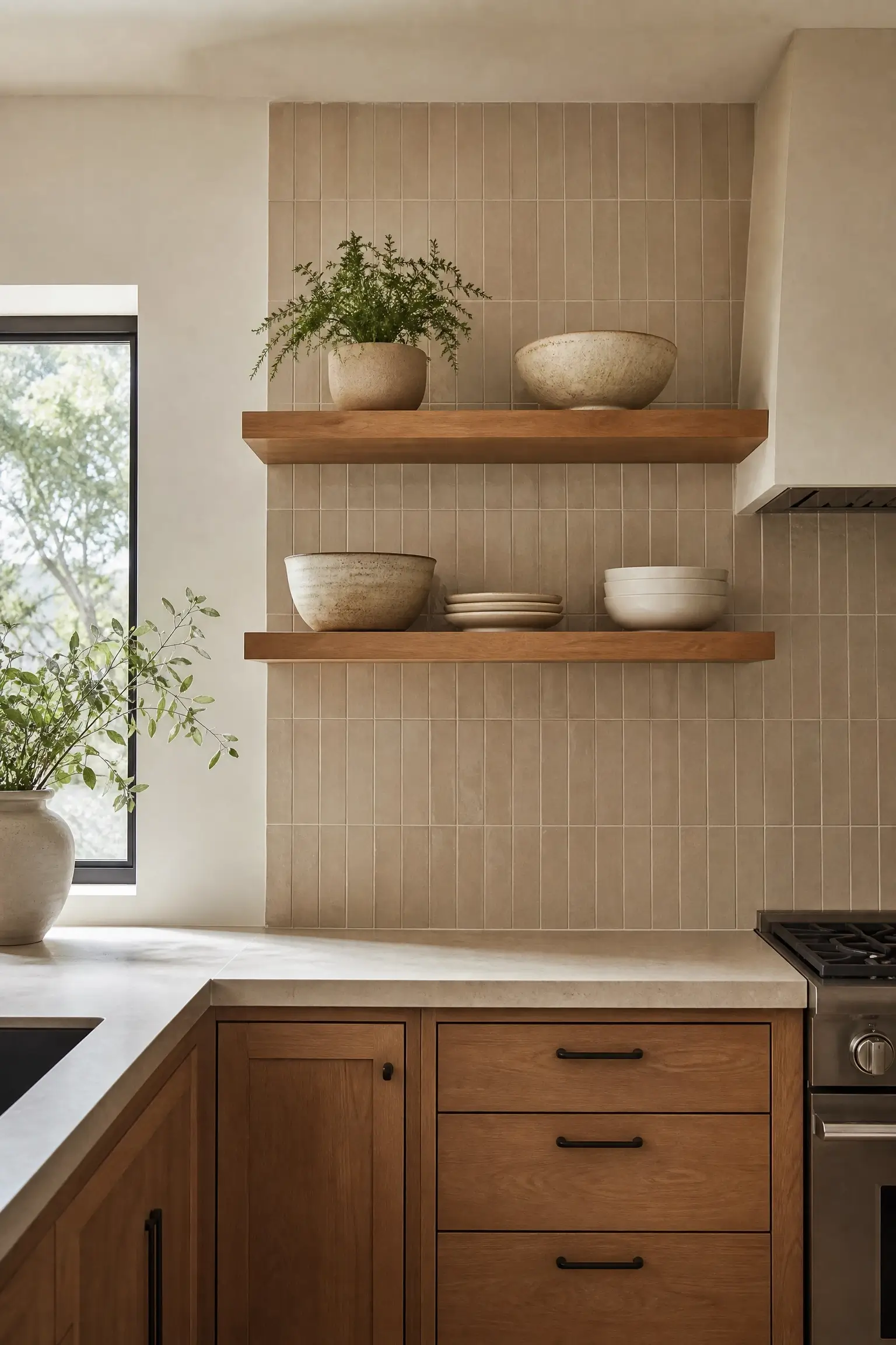 Wood floating shelves on a beige tiled kitchen wall with ceramic bowls and warm cabinets.