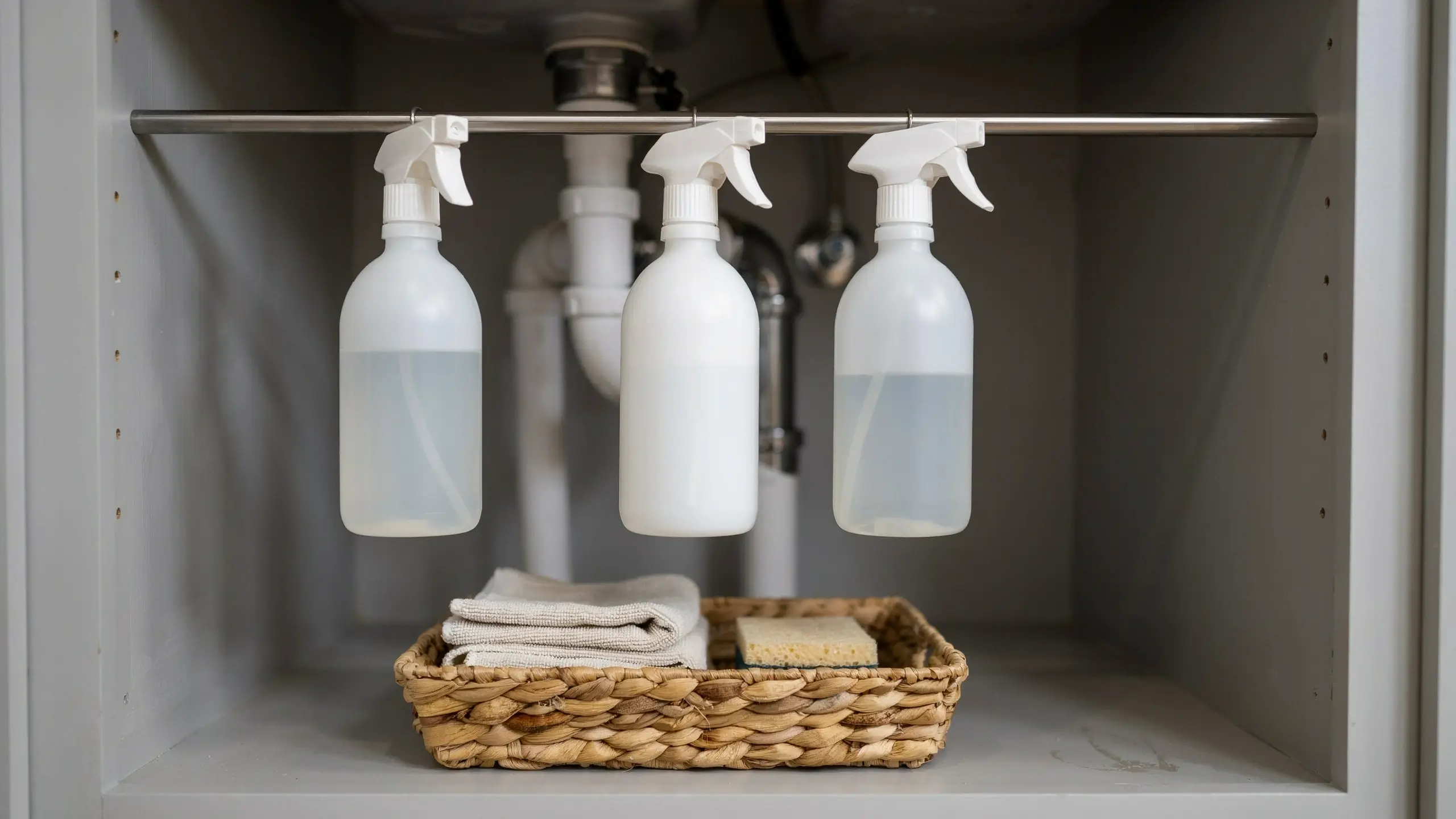 Three clear white spray bottles hanging on a stainless steel tension rod under a kitchen sink, with a woven wicker basket holding a folded microfiber cloth and a yellow sponge below