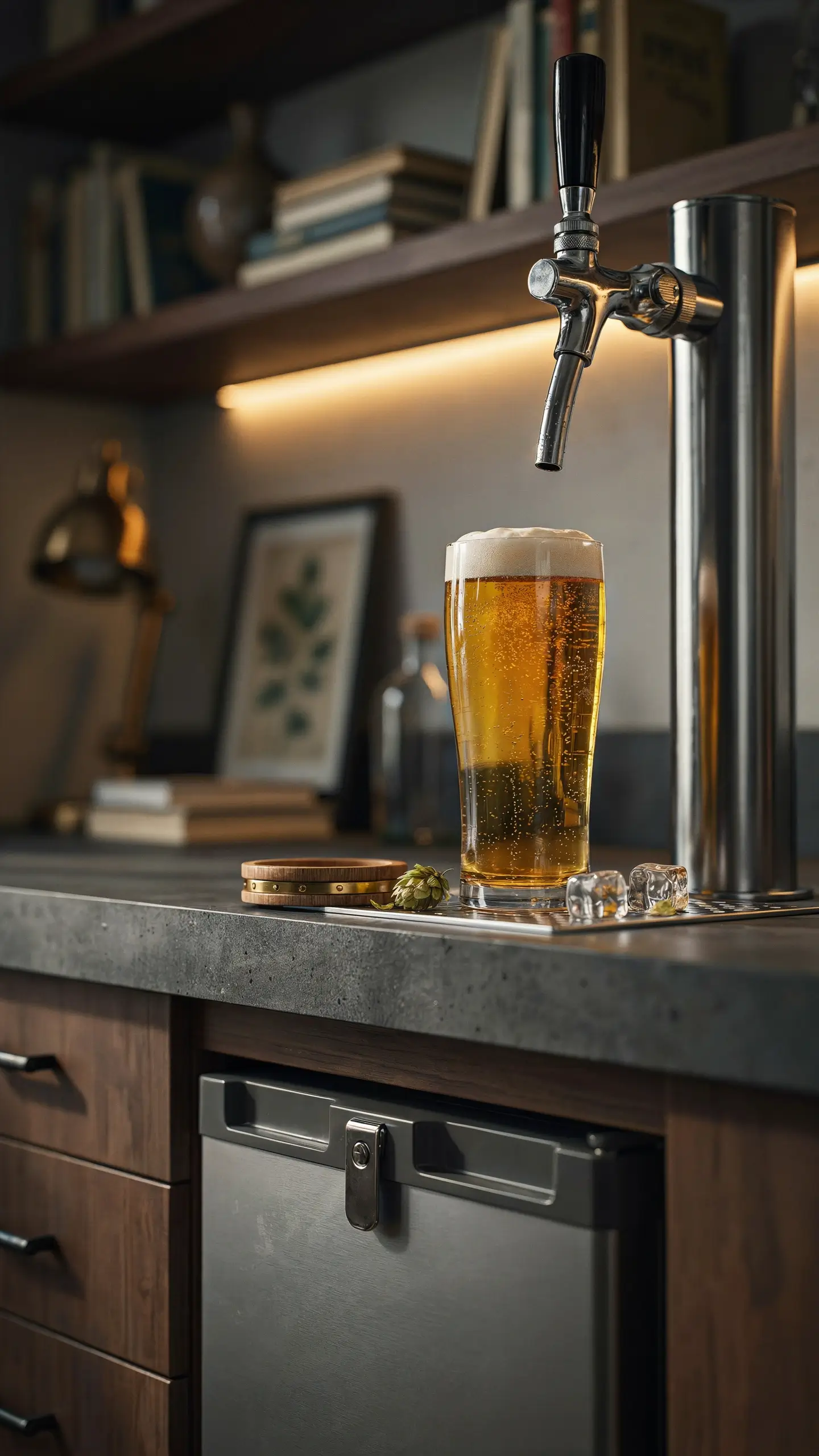 A stainless steel draft beer tower dispensing fresh golden beer into a tall glass at a built-in home kegerator station. The setup features a concrete countertop, wooden drawers, and accessories like hops, ice cubes, and a coaster under warm ambient lighting. 