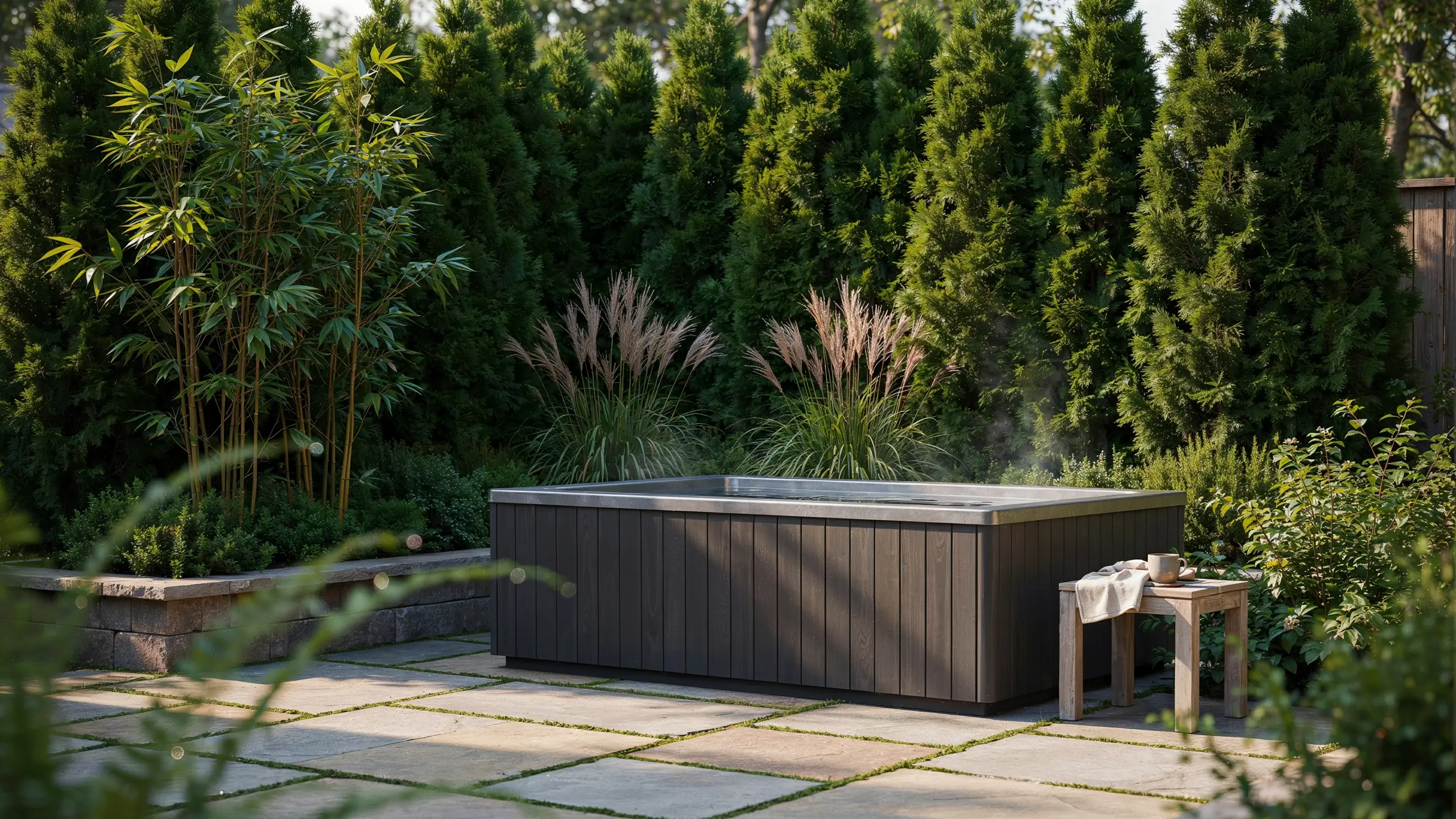 A modern dark-wood hot tub surrounded by a dense, living privacy wall made of fast-growing evergreen trees, bamboo, and ornamental pampas grass, set on a stone patio with a wooden side table holding a towel and tea cup.