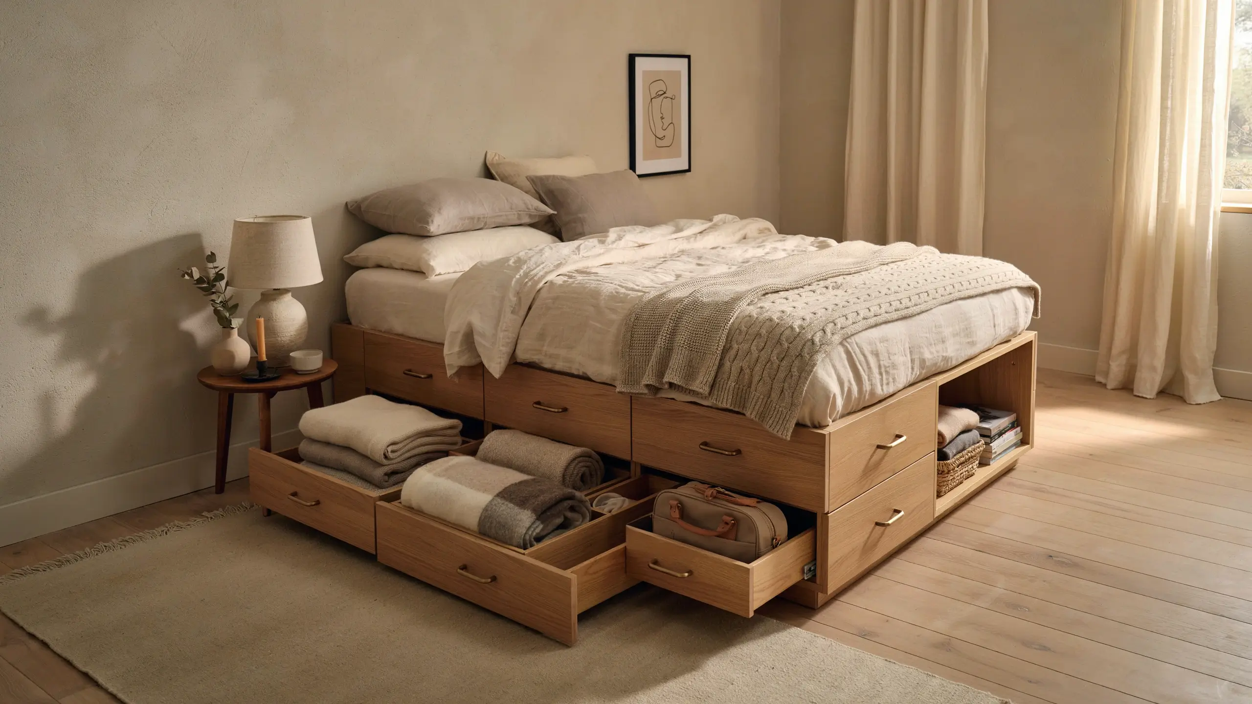 Modern wooden platform bed with built-in storage drawers underneath, maximizing bedroom organization in a small minimalist space.