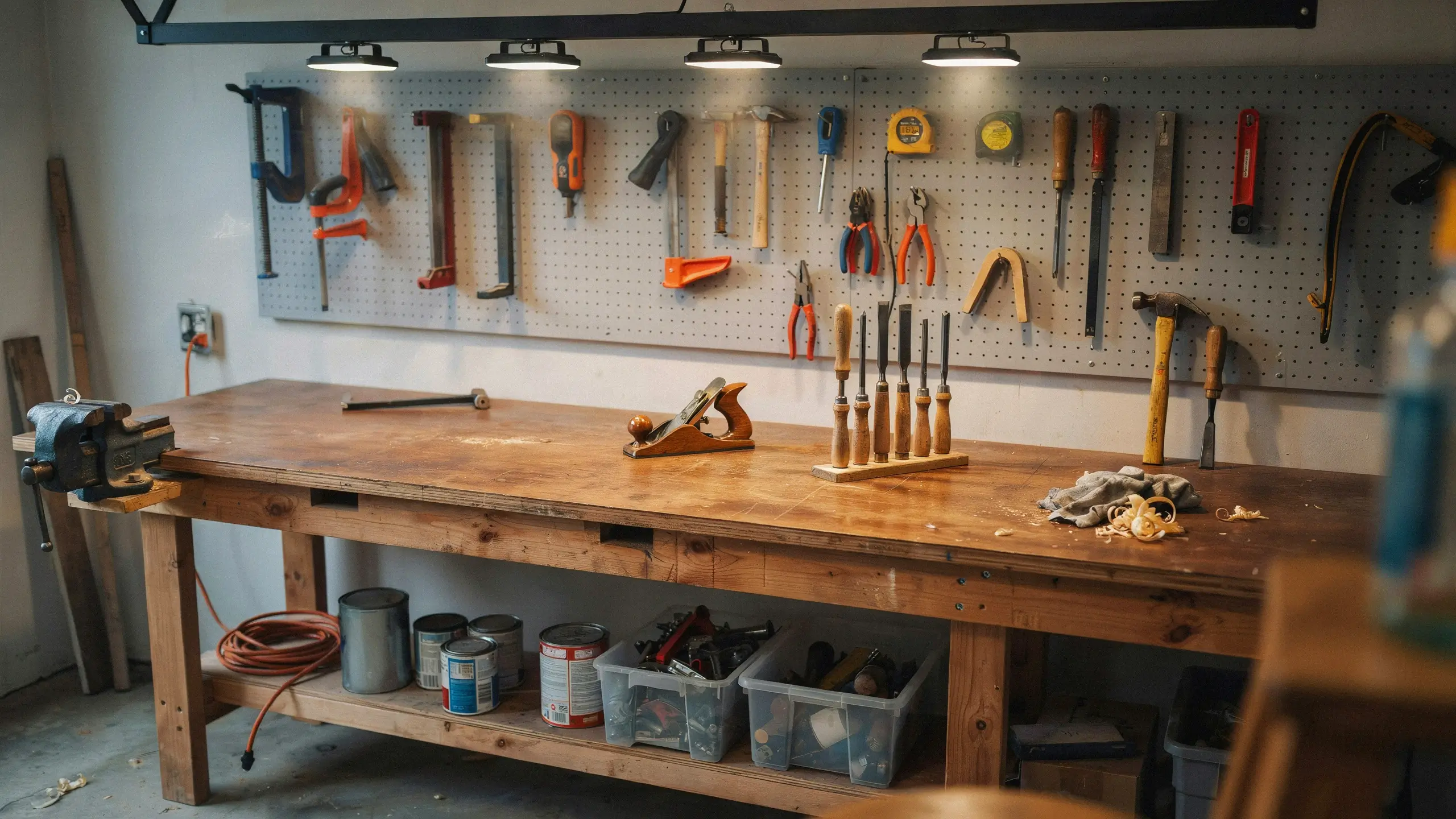 Organized wooden carpentry workbench with metal vise, hand plane, chisel set, and pegboard tool storage illuminated by overhead LED lights.