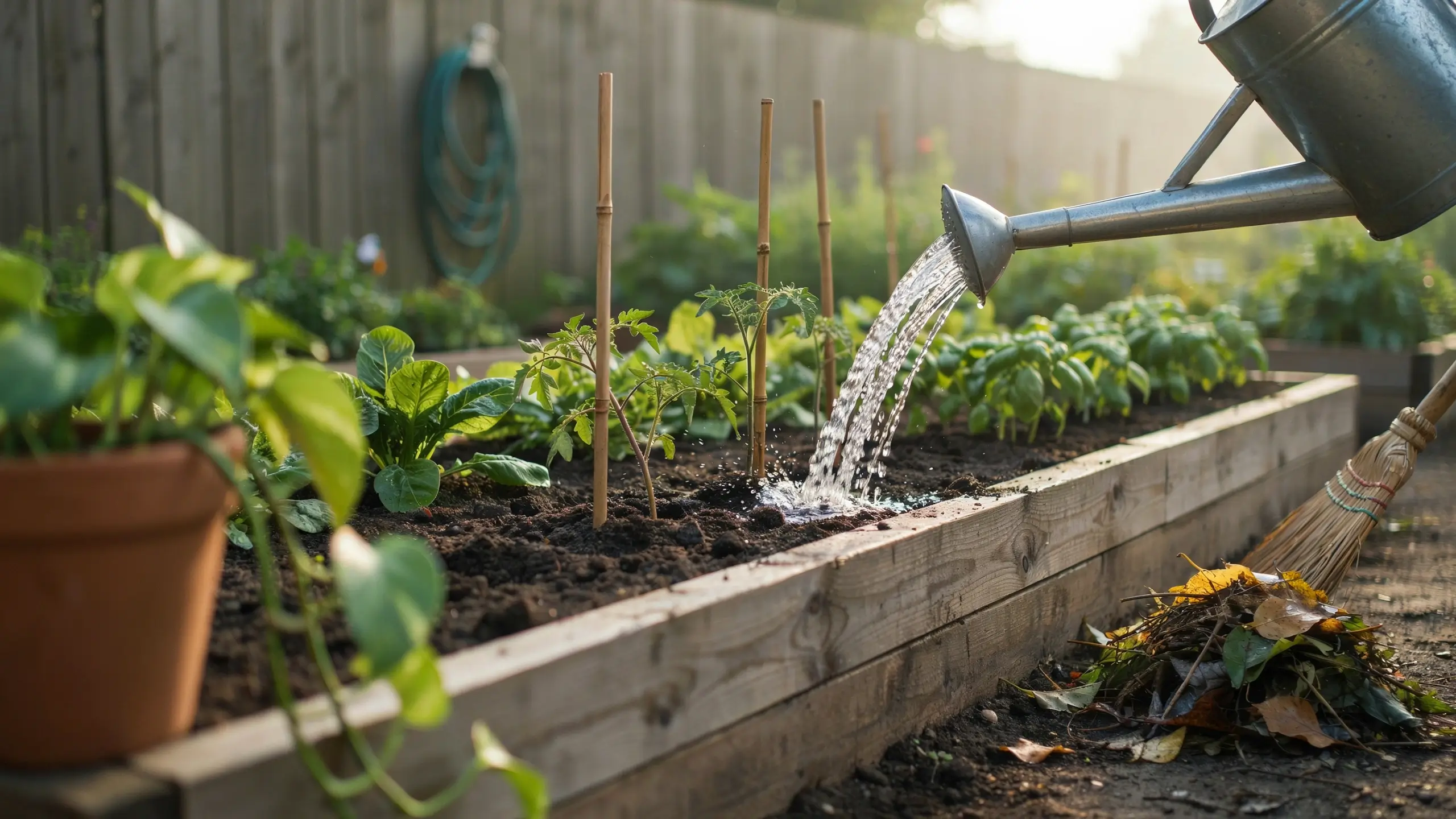 Gardener pouring water onto young tomato and leafy vegetable seedlings in a raised wooden garden bed, demonstrating a regular watering routine to maintain healthy plant growth and prevent disease