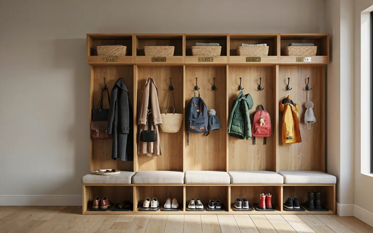 Built-in mudroom lockers with labeled family cubbies, baskets, hooks, bench seating, and shoe storage.