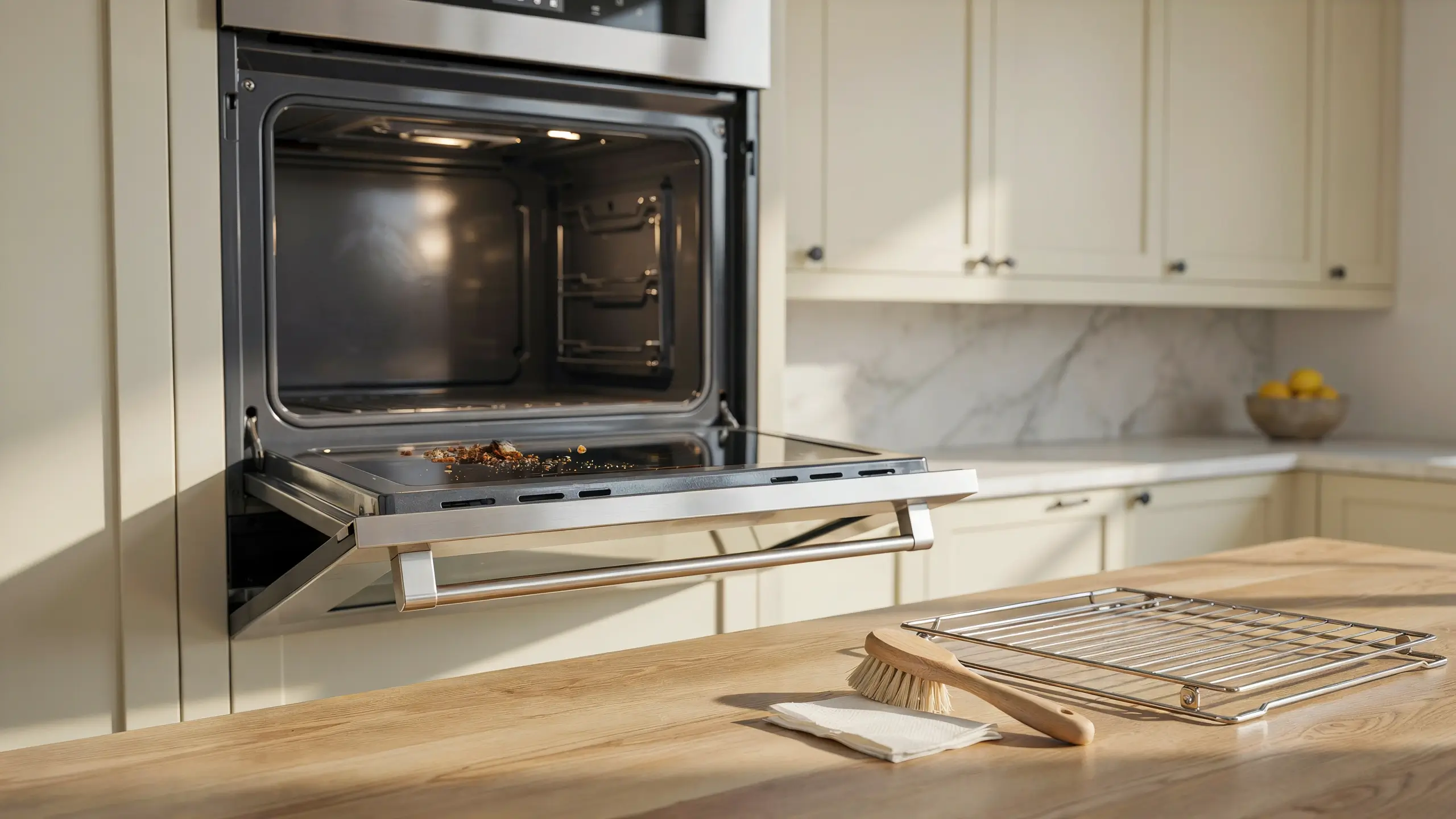 Stainless steel built-in wall oven with the door open, revealing dirty glass with food crumbs, next to a wire rack, cleaning brush, and cloth on a light oak kitchen counter.