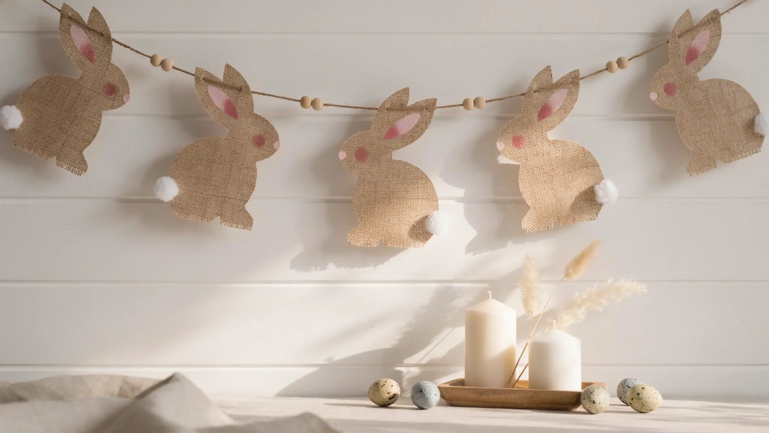 Rustic burlap bunny banner with fluffy white cotton tails and wooden beads strung on twine, displayed against a white shiplap wall for spring and Easter decor. 