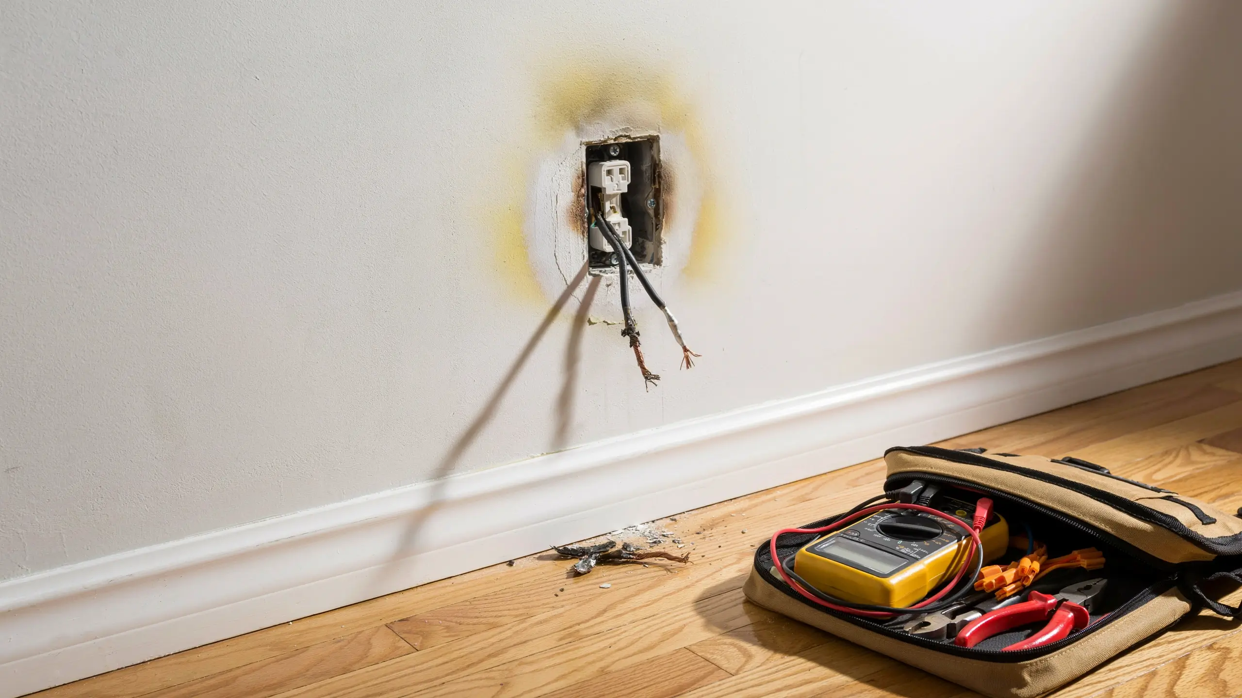 Burnt wall electrical outlet with exposed black, white, and ground wires dangling from the socket, leaving heavy yellow scorch marks on the white drywall. A multimeter and red-handled pliers lay in an open tool bag on the hardwood floor, illustrating a dangerous electrical fire hazard that highlights why professional help is needed.
