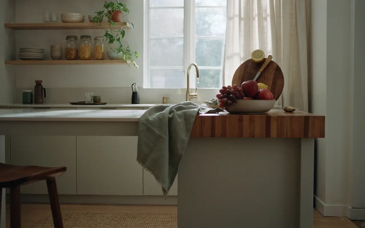 Butcher block overlay on a kitchen counter with fruit bowl, cutting board, and soft window light.