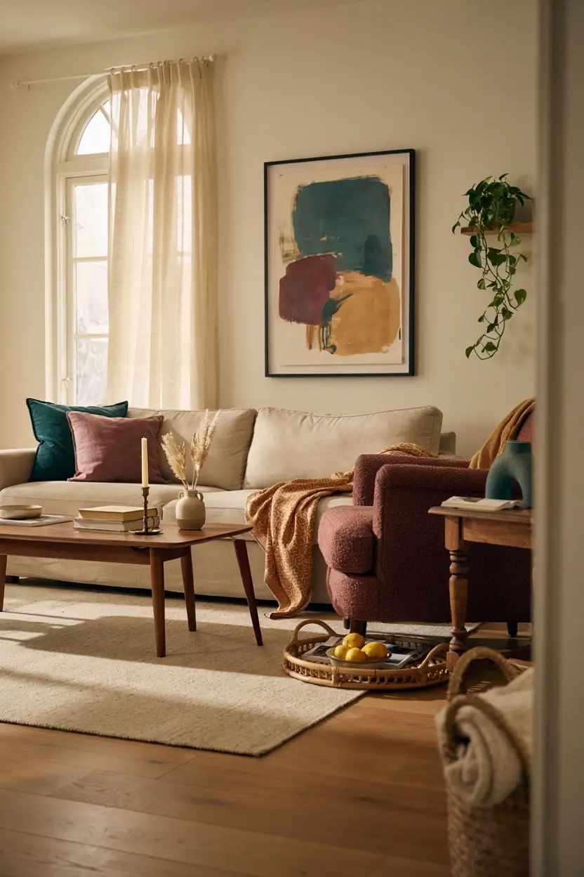 Cozy living room with a cream sofa, burgundy chair, abstract art, warm wood furniture, and personal decor.