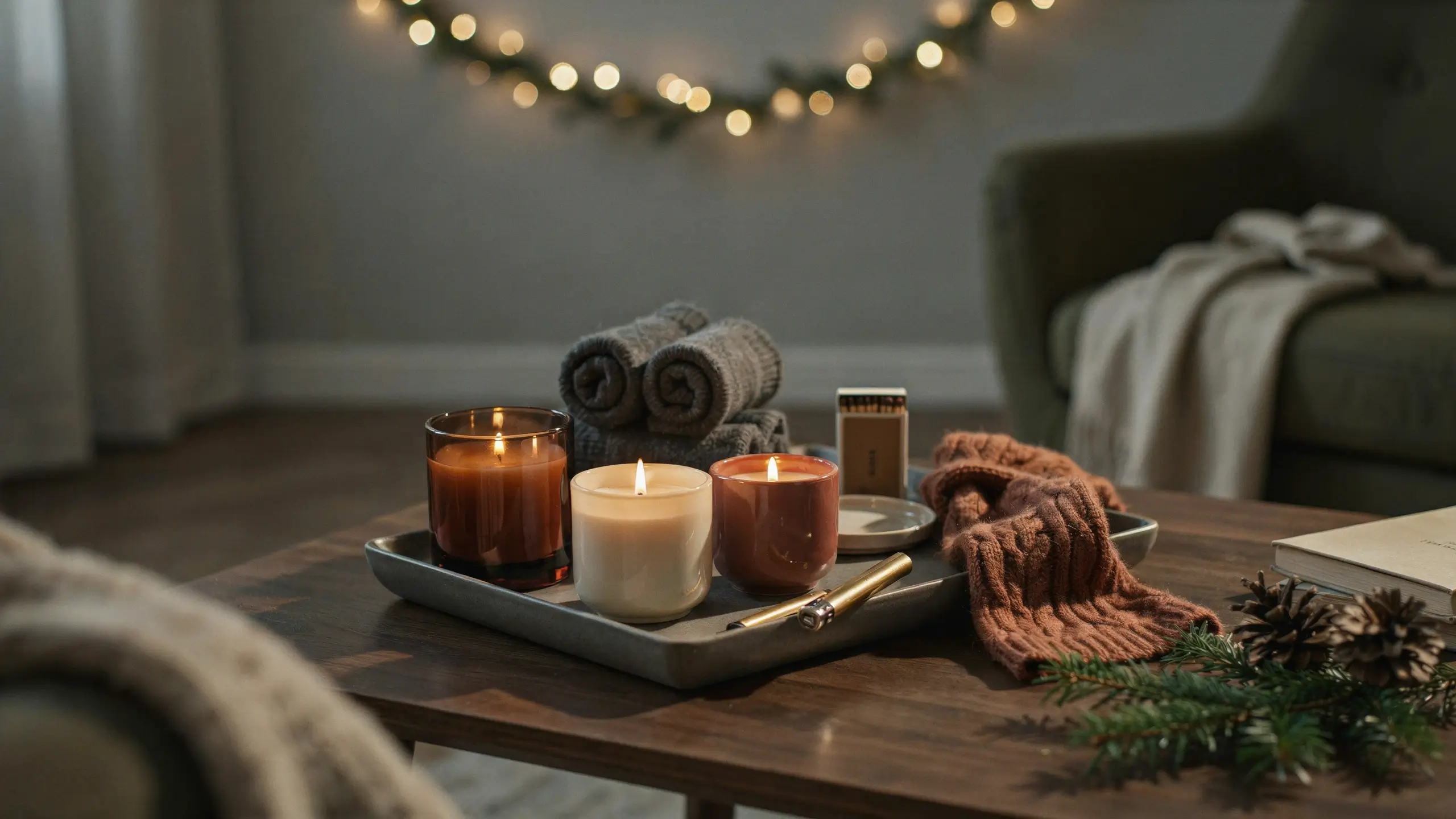 Candle and comfort gift basket with warm candles, rolled towels, cozy socks and festive greenery.