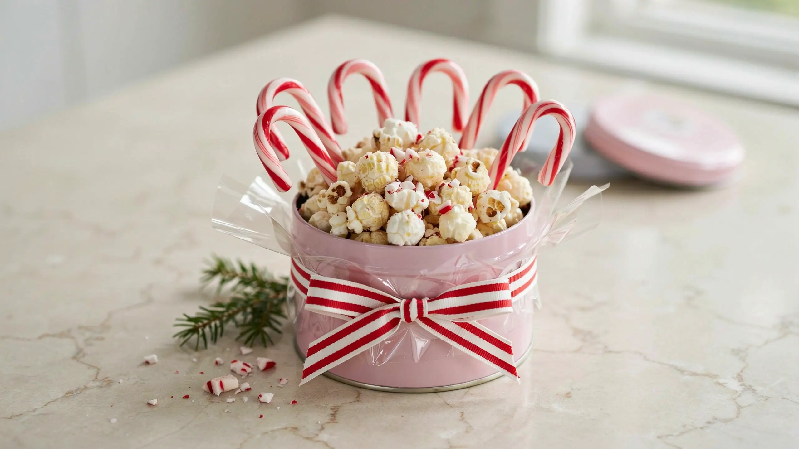 Candy cane popcorn basket in a pink tin with striped ribbon and peppermint candy canes.