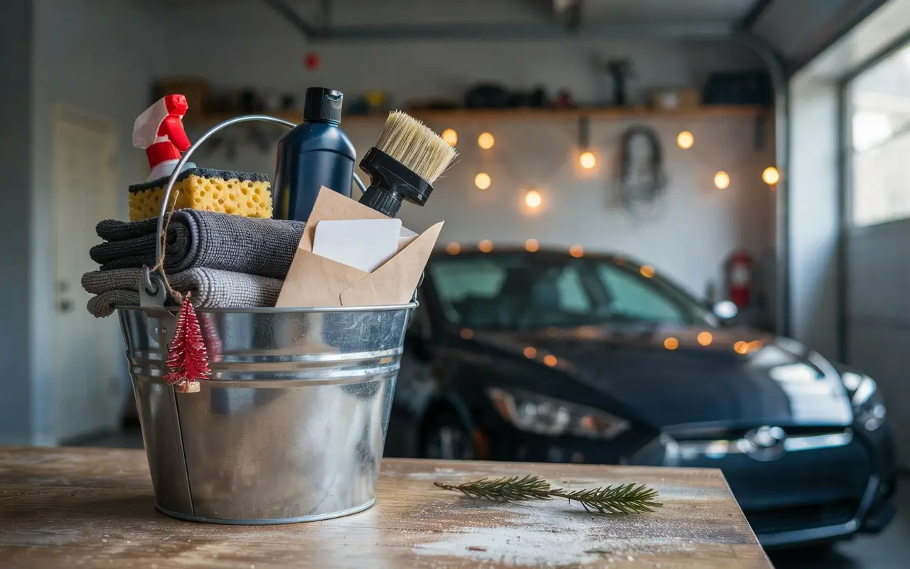 Car care gift basket for Dad with cleaning supplies, microfiber towels, sponge, and detailing brush in a garage.
