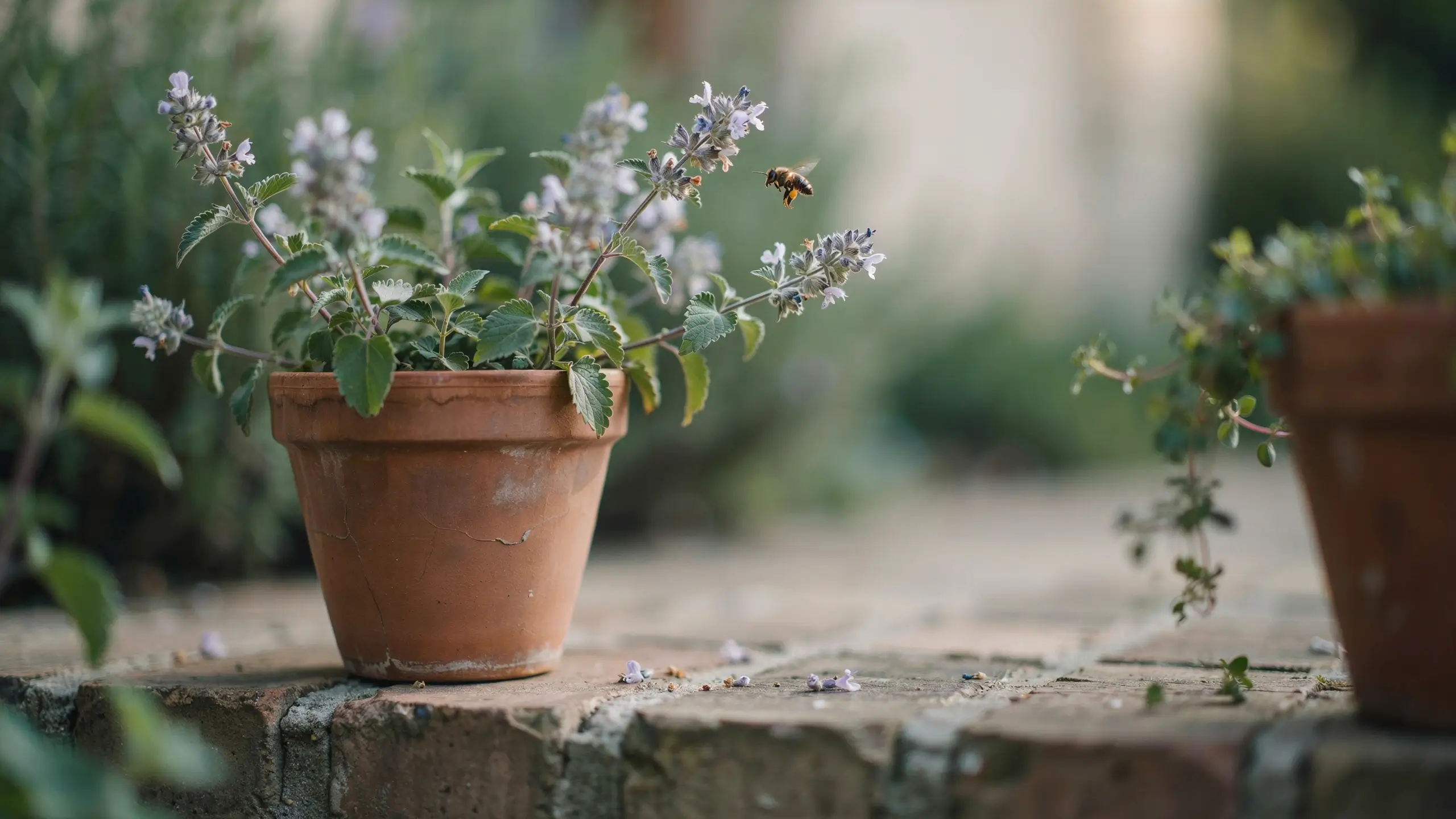 "A blooming catnip herb in a weathered terracotta pot, with a honey bee hovering to pollinate the pale purple flower spikes, set outdoors on a brick ledge against a blurred garden background." 