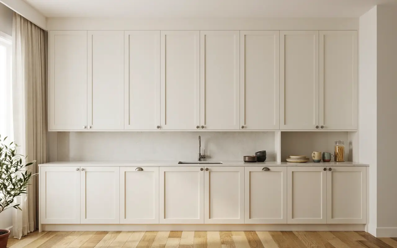 Cream kitchen with upper cabinets extended to the ceiling, removing the dusty gap above cabinetry.