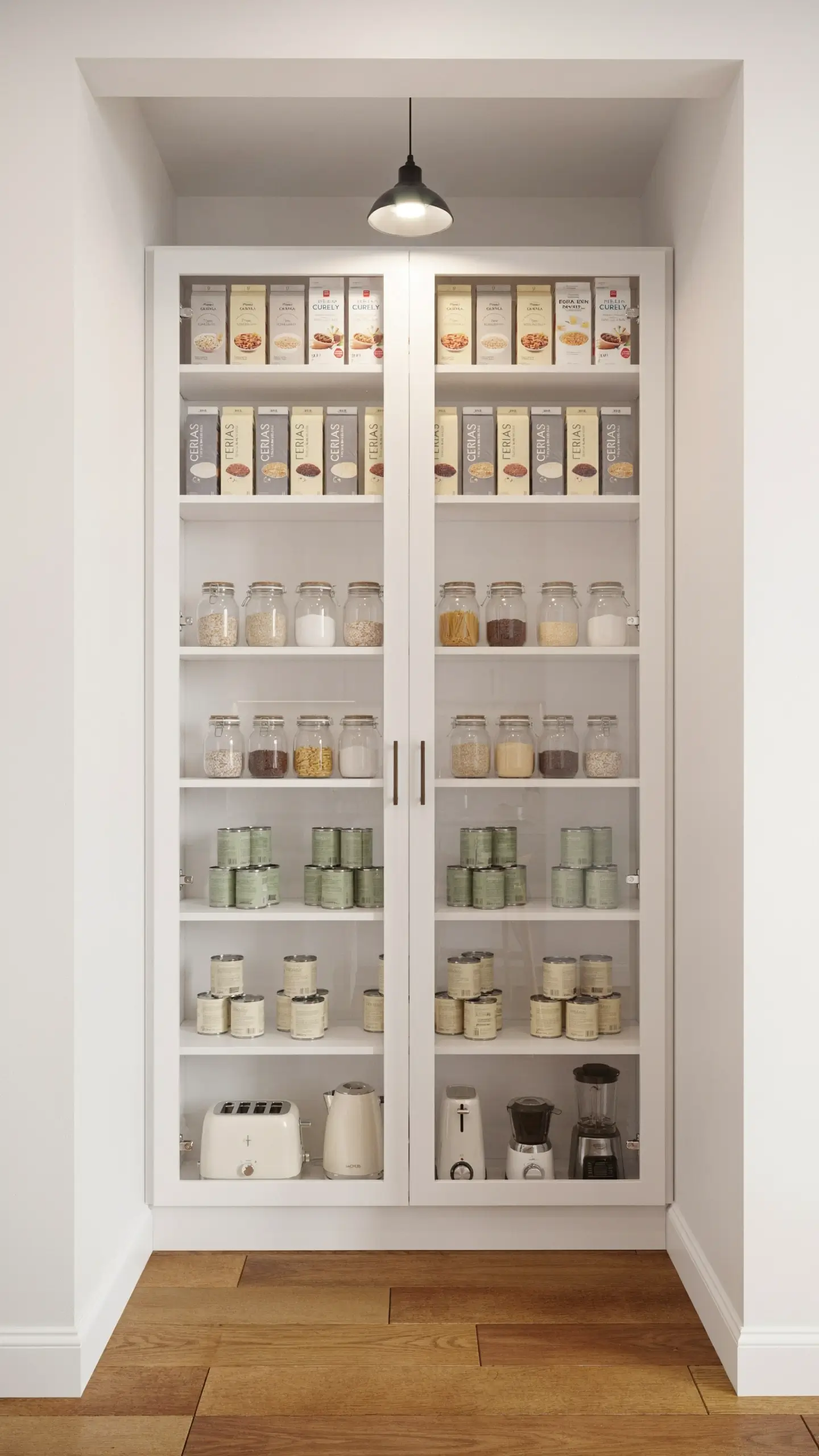 Close up view of colorful cereal boxes neatly organized on a modern open shelf in a kitchen pantry 