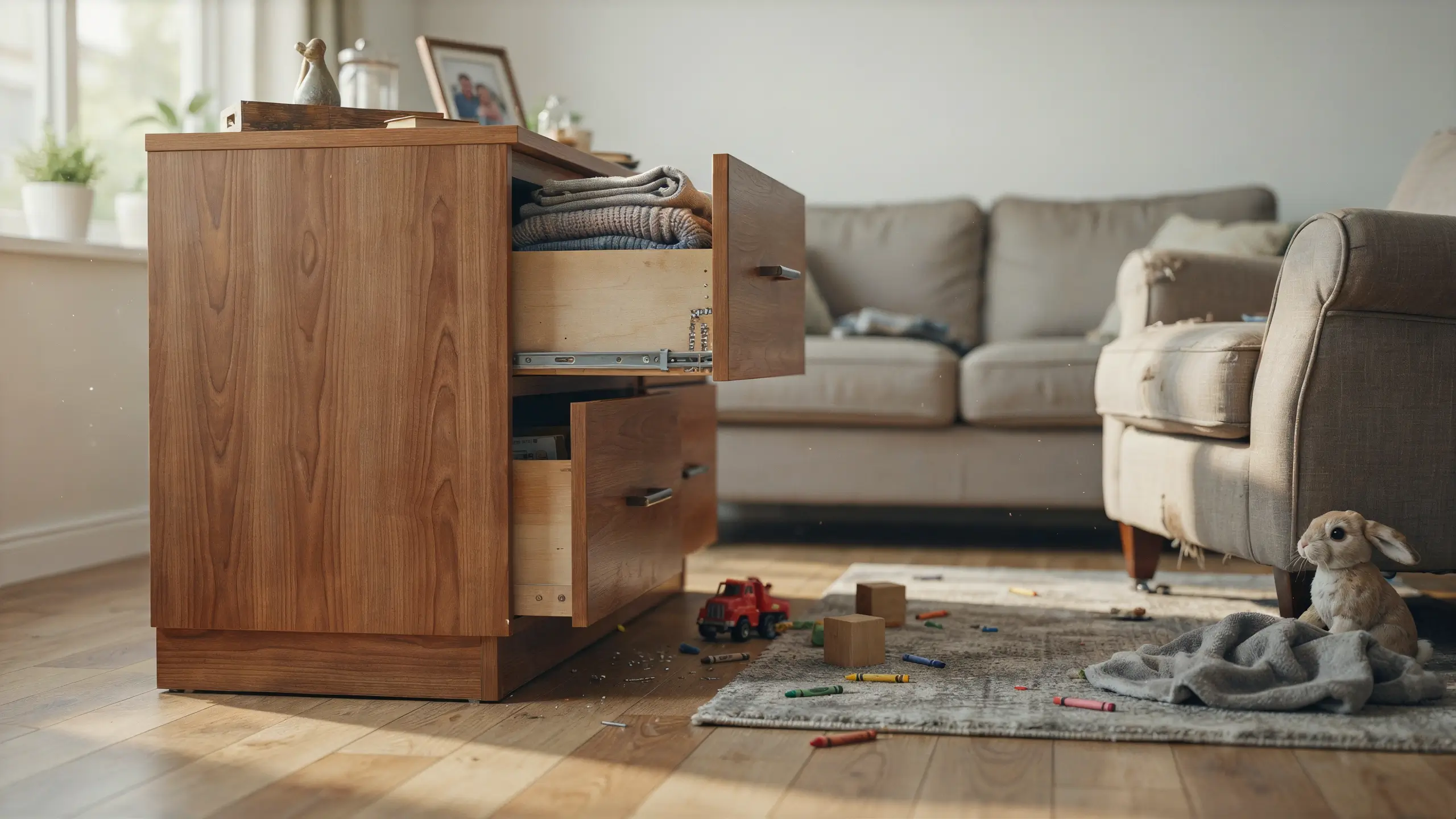Alt Text: Broken wooden dresser drawers and worn living room furniture showing how cheap furniture fails in daily life.
