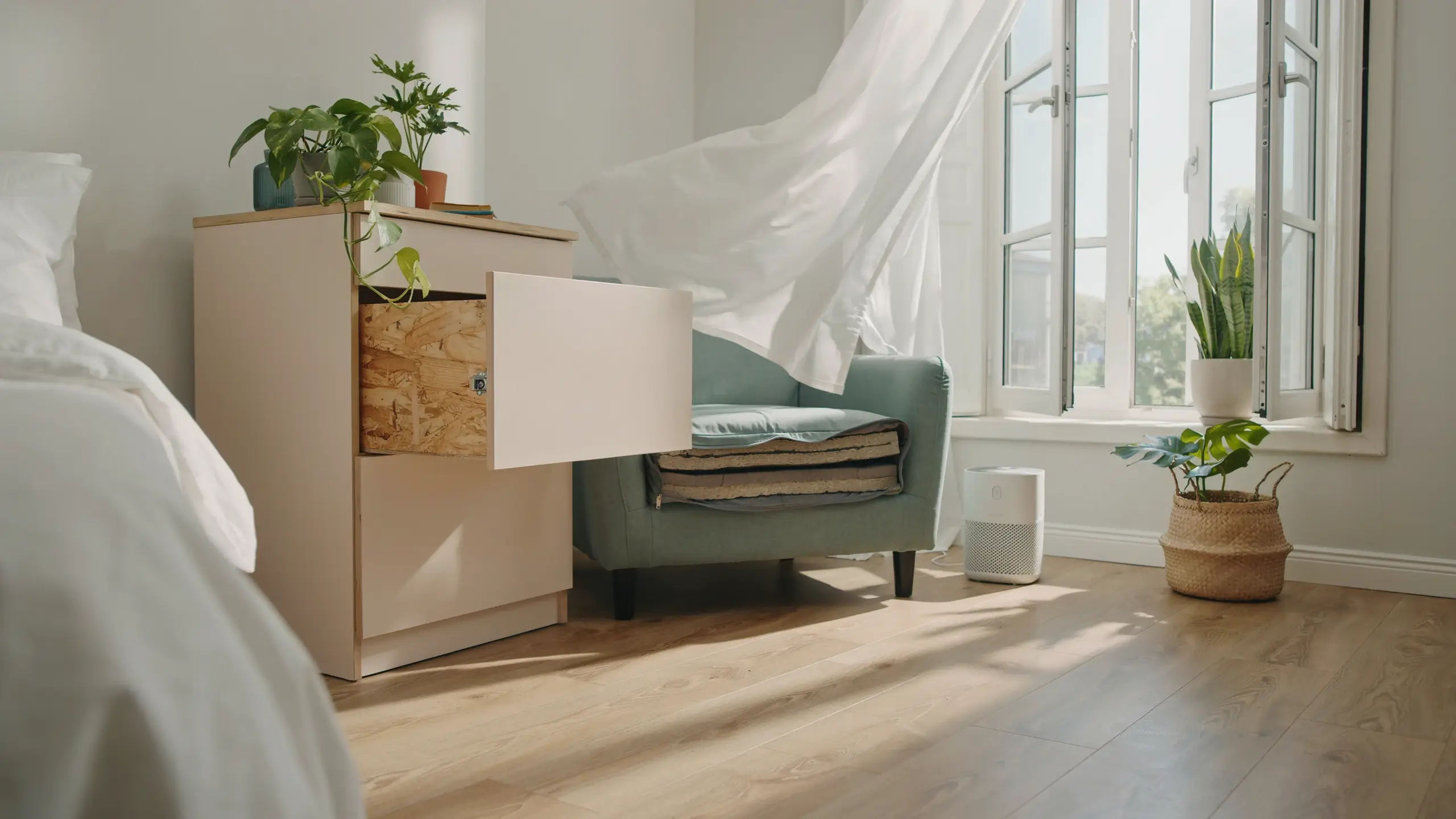 Exposed particleboard inside a cheap cabinet drawer in a bright bedroom with plants and an armchair.
