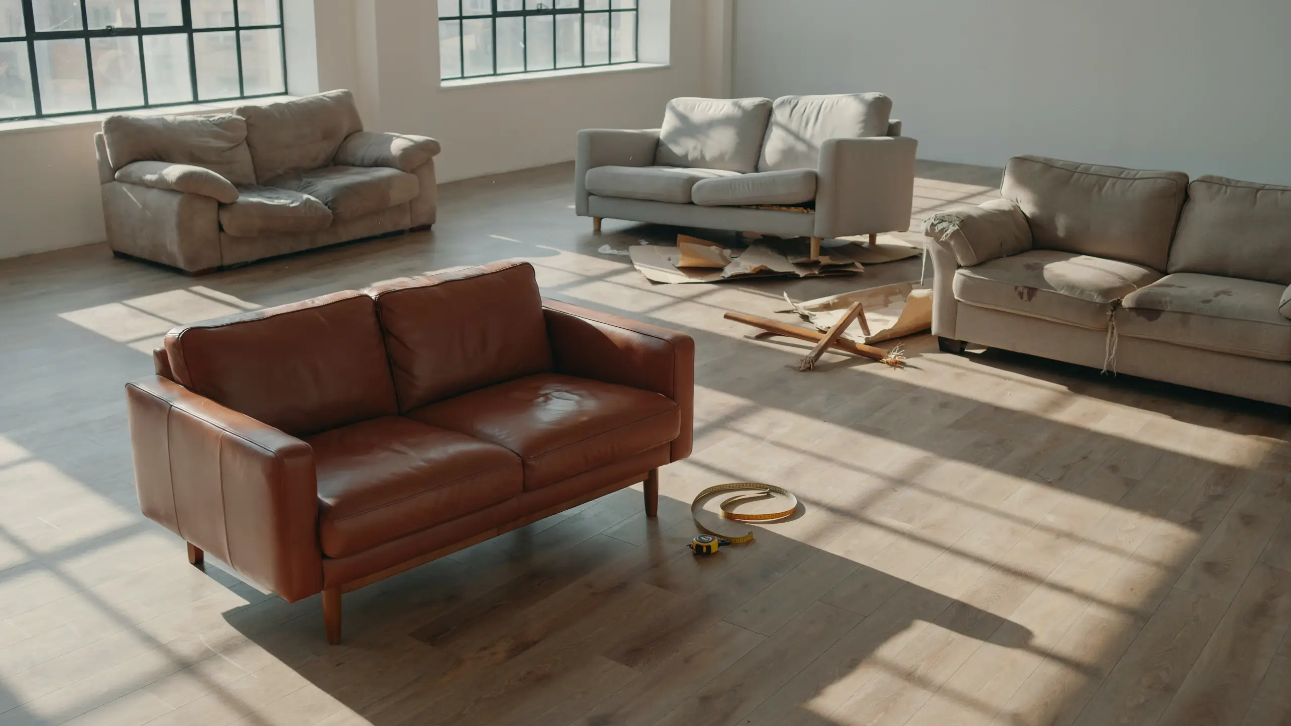 Alt Text: Worn and damaged sofas showing how repeatedly replacing cheap furniture increases long-term costs.