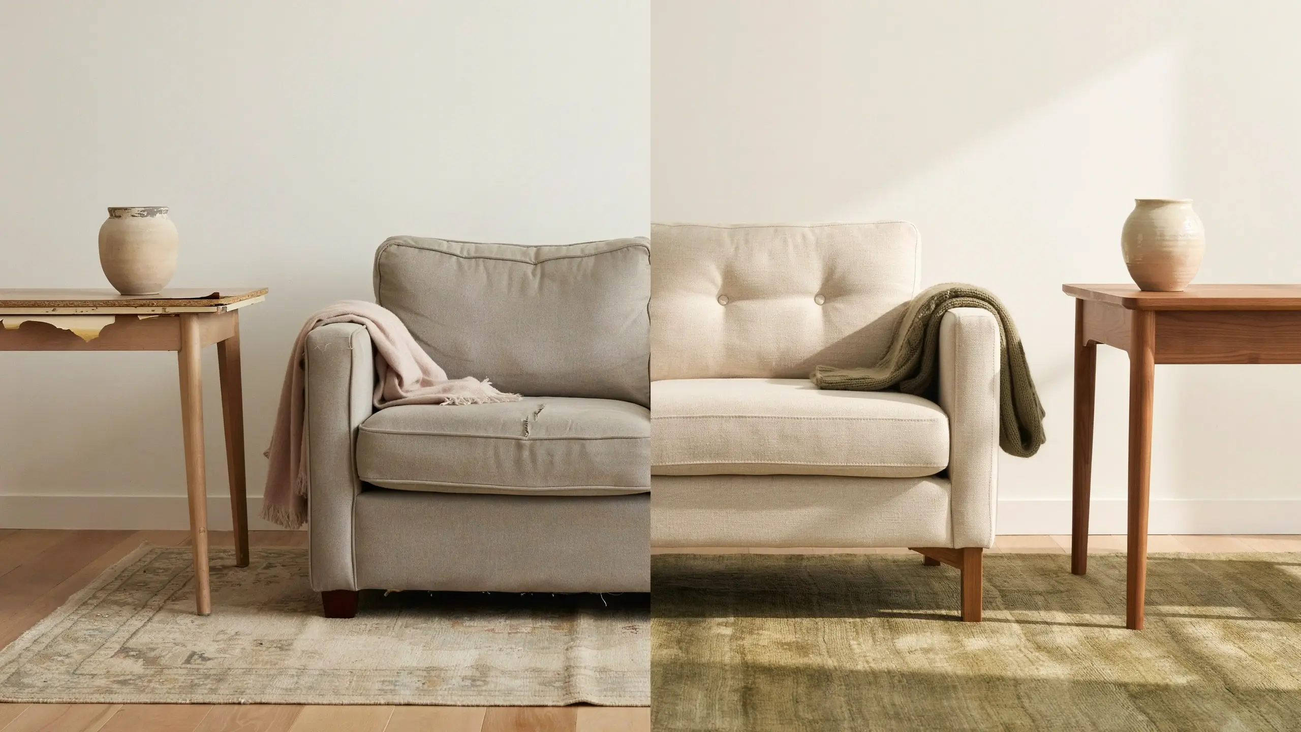 Alt Text: Side-by-side comparison of worn cheap furniture and a sturdy quality armchair with solid wood tables
