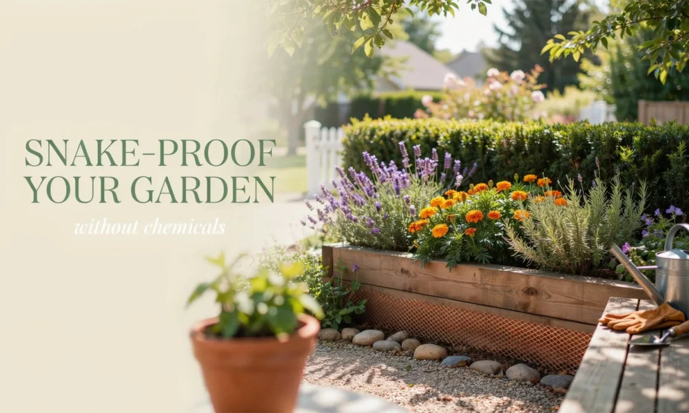 A wooden raised garden bed featuring lavender and marigolds with a wire mesh base, demonstrating a chemical-free method to snake-proof a garden, complete with gardening tools.