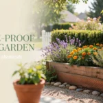 A wooden raised garden bed featuring lavender and marigolds with a wire mesh base, demonstrating a chemical-free method to snake-proof a garden, complete with gardening tools.