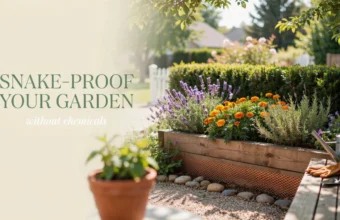 A wooden raised garden bed featuring lavender and marigolds with a wire mesh base, demonstrating a chemical-free method to snake-proof a garden, complete with gardening tools.