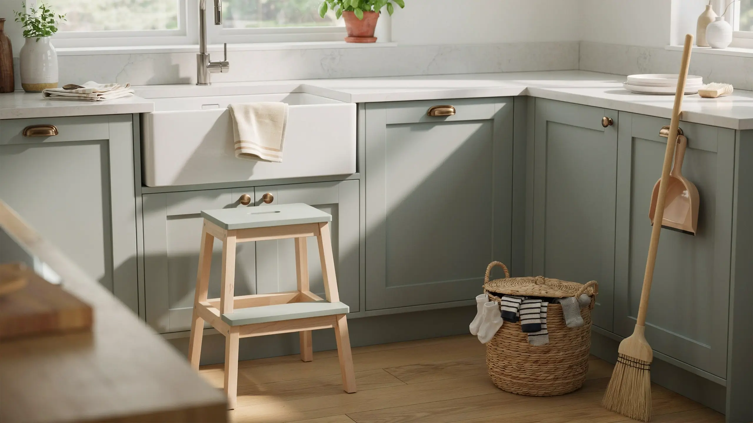 A light wood two-step stool with a pale green painted seat positioned in front of a white farmhouse sink, next to a woven laundry basket holding a child's striped shirt and grey socks, with a wooden broom and pink dustpan leaning against sage green kitchen cabinets, illustrating a child-friendly chore station for daily tasks.